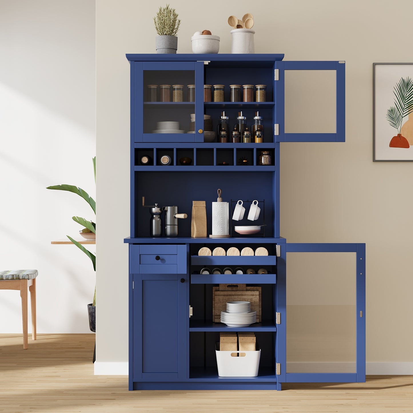 Farmhouse 35.4x17.7x74.8inch Freestanding Buffet with Hutch, Tall Kitchen Pantry Storage Cabinet with Wine Rack and Adju