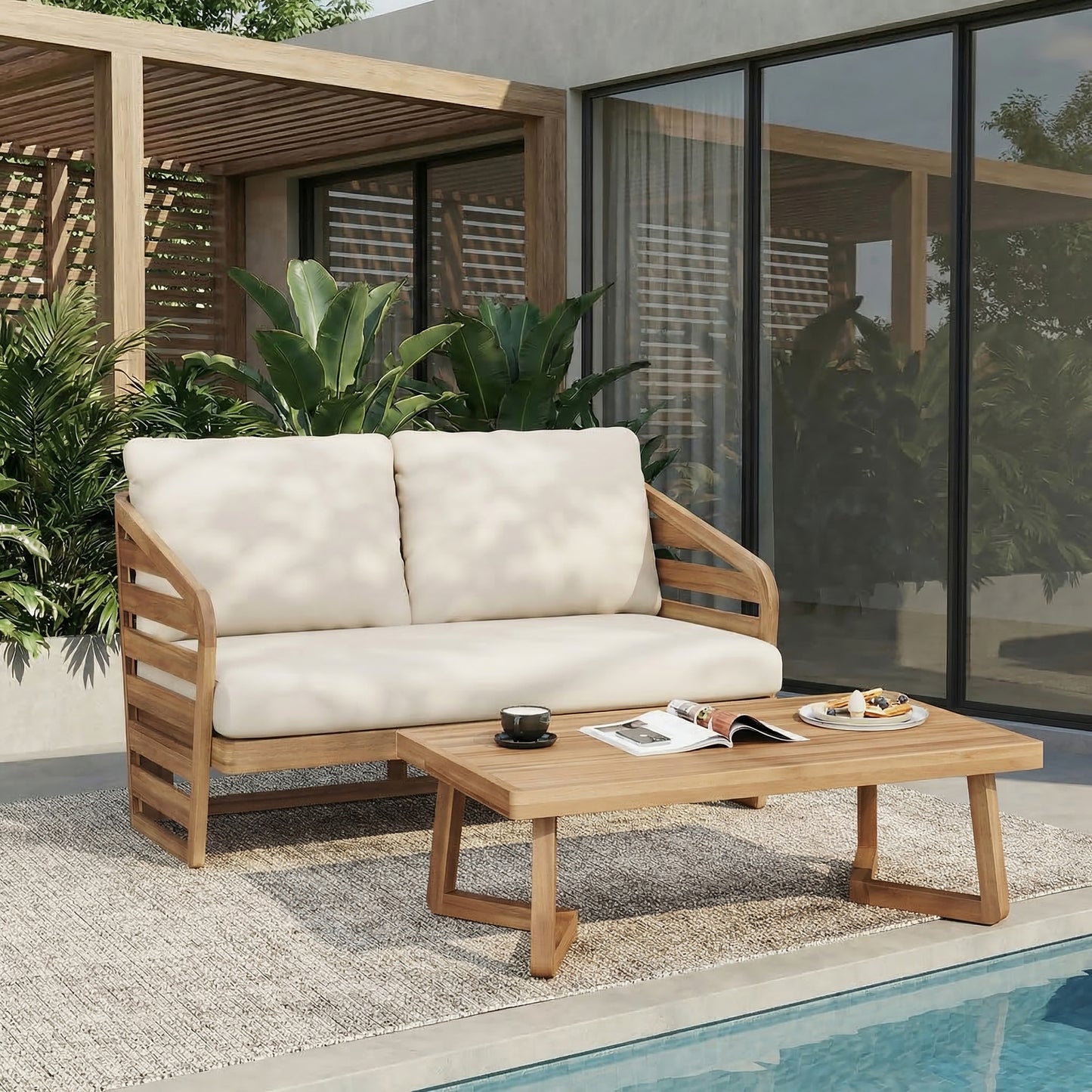 Royal Acacia Wood Loveseat and Coffee Table Set, Beige