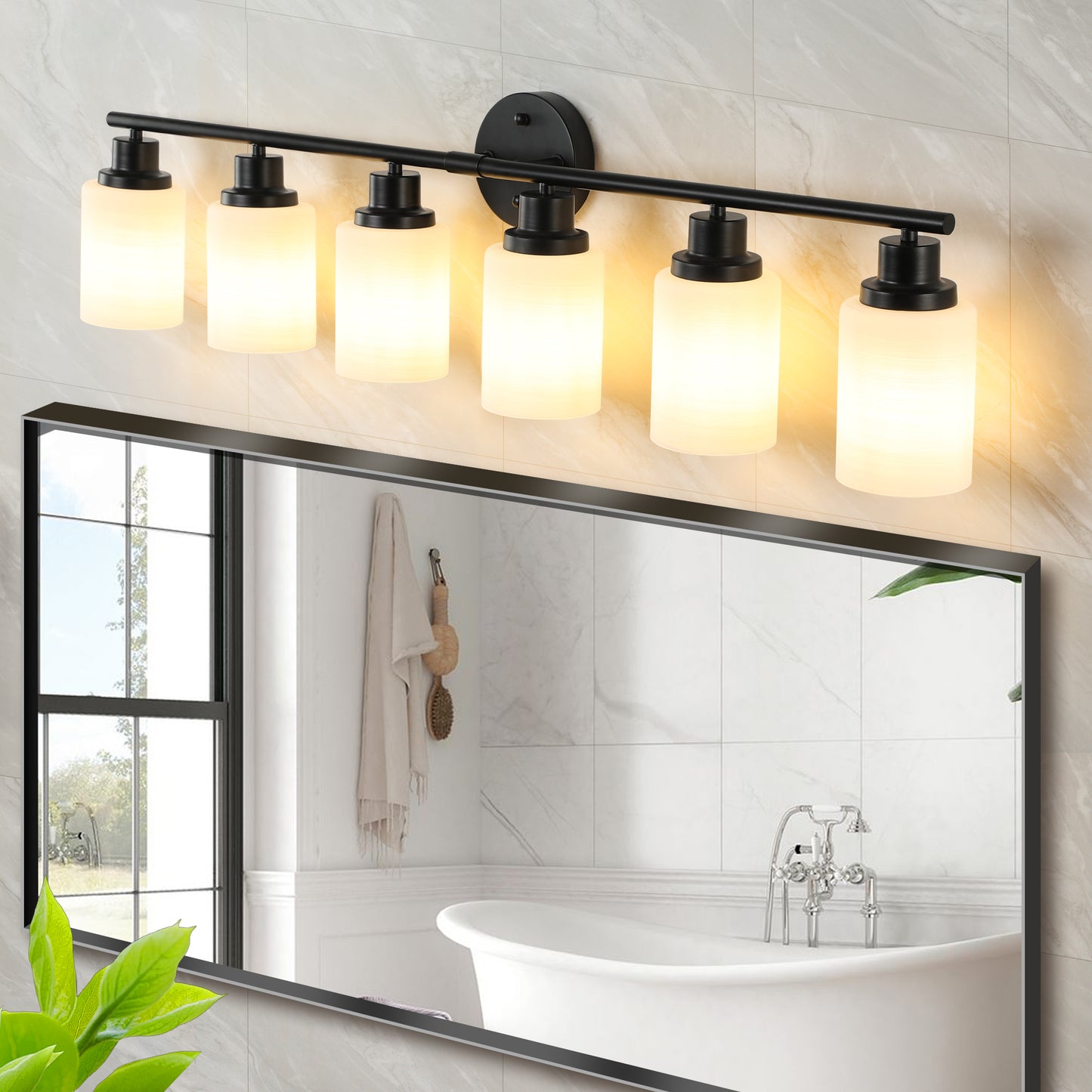 Modern 6-Light Vanity Bathroom Mirror Light, Frosted White Glass with Black Iron Frame, Contemporary Wall Sconce for Bedroom, Bathroom, And Dressing Room (No Bulbs)