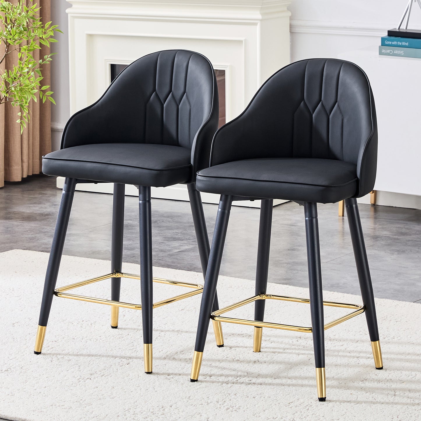 PU Leather Bar Stools Set of 2 – 37.7" Counter Chairs with Gold Footrest & Metal Legs, Kitchen Island Seating