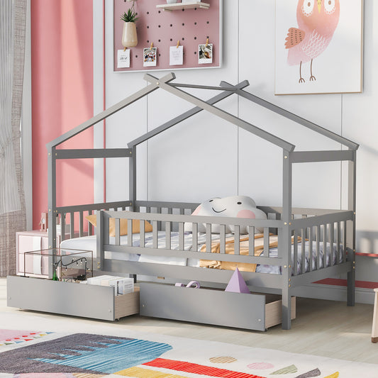 House Bed Frame, Twin Size, Wood with Two Storage Drawers for Bedroom or Guest Room