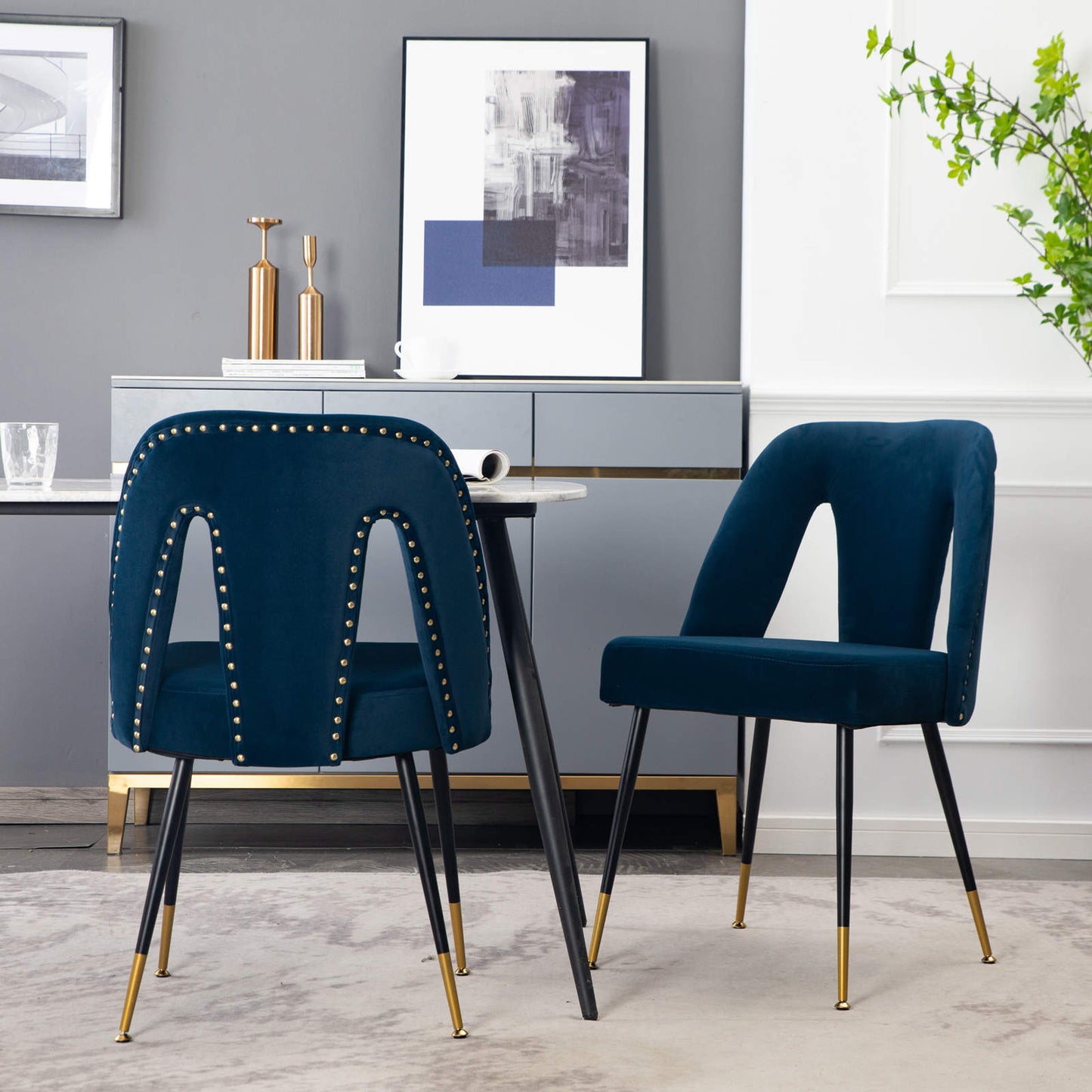 Akoya Collection Modern | Contemporary Velvet Upholstered Dining Chair with Nailheads and Gold Tipped Black Metal Legs, Set of 2