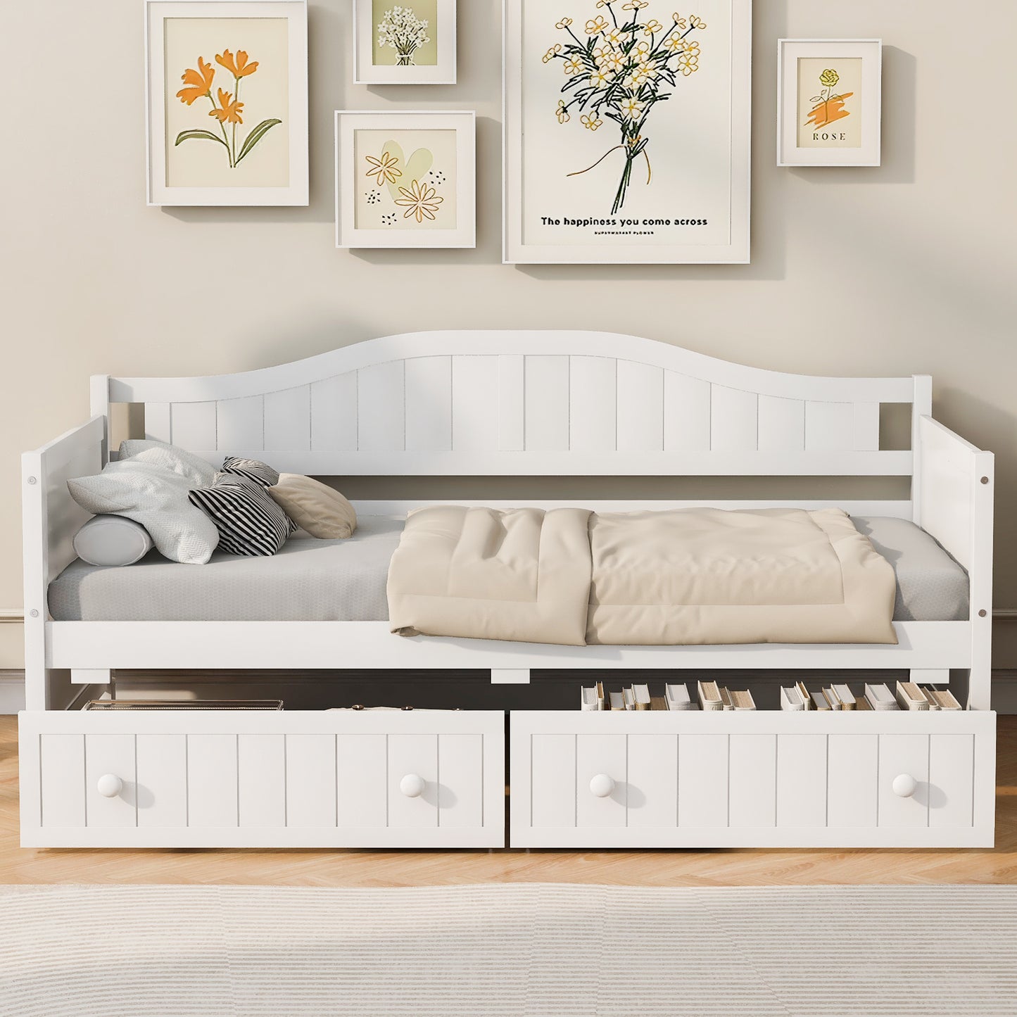 Twin Wooden Daybed with 2 drawers, Sofa Bed for Bedroom Living Room,No Box Spring Needed,White