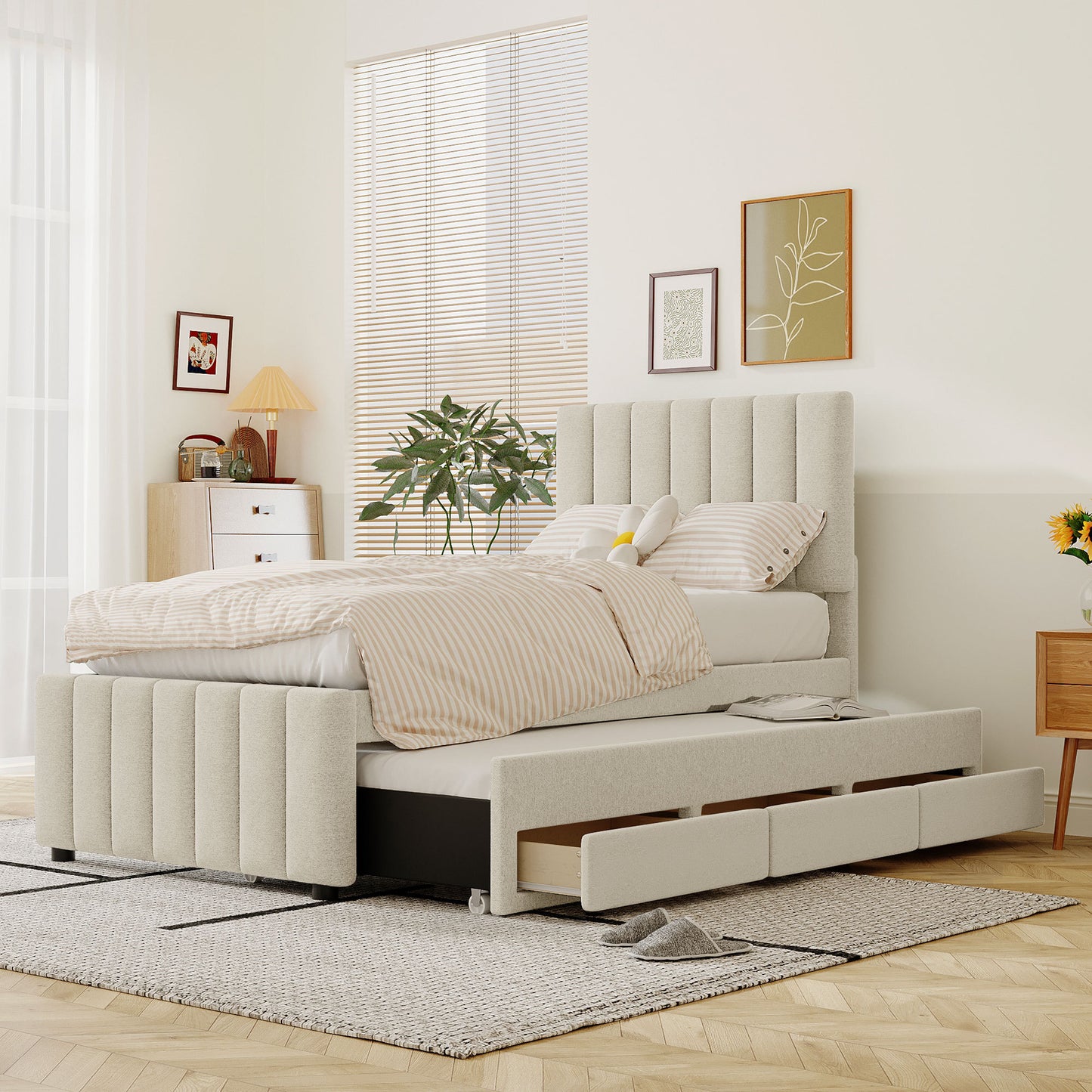 Upholstered Platform Bed with Trundle and 3 Drawers, Linen Fabric