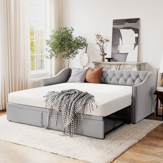 Daybed Multiple Color Options Upholstered with Trundle and Backrest for Bedroom or Guest Room