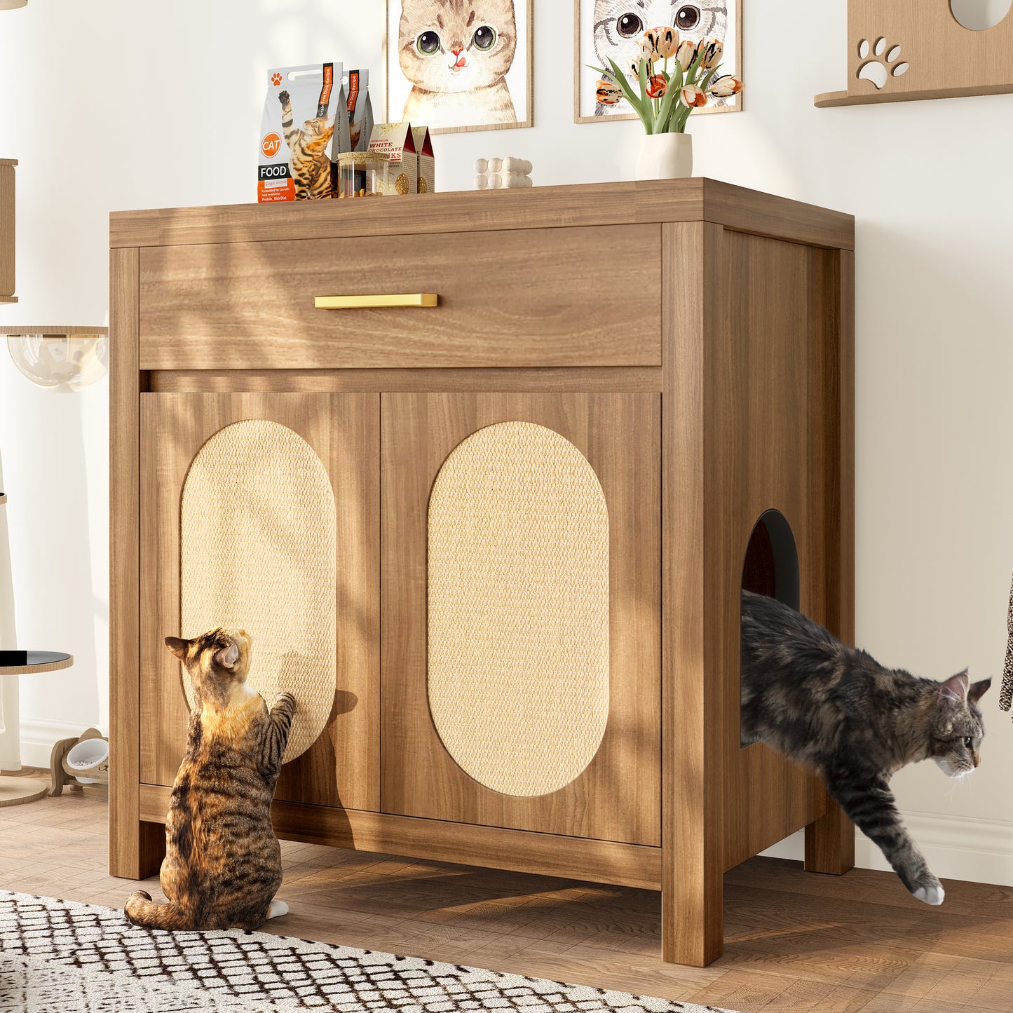 Hidden Cat Litter Box Enclosure – Pet Furniture Cabinet with Scratching Board, Storage Drawer & Doors