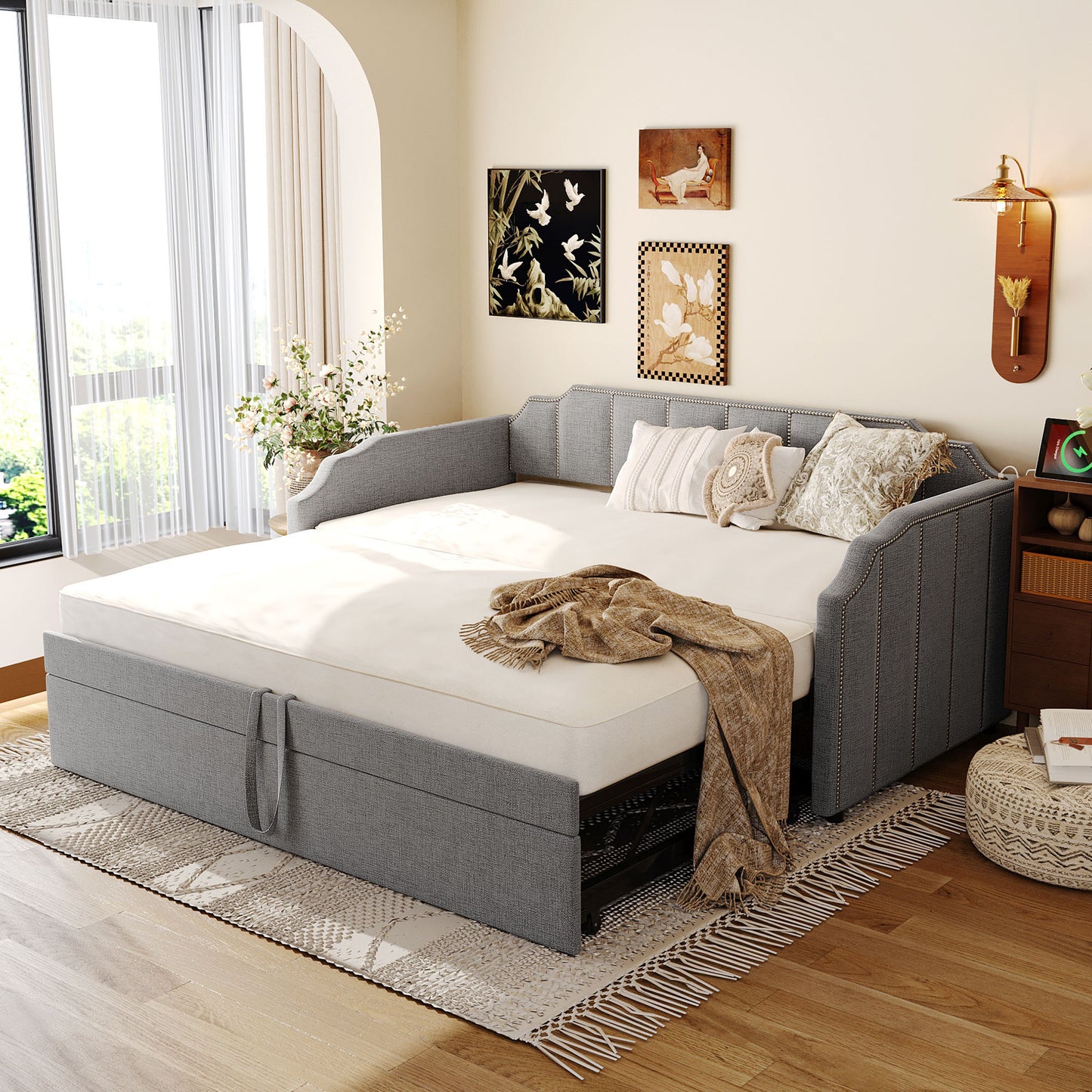Twin Size Upholstered Daybed with Pop-Up Trundle & USB Charging Ports