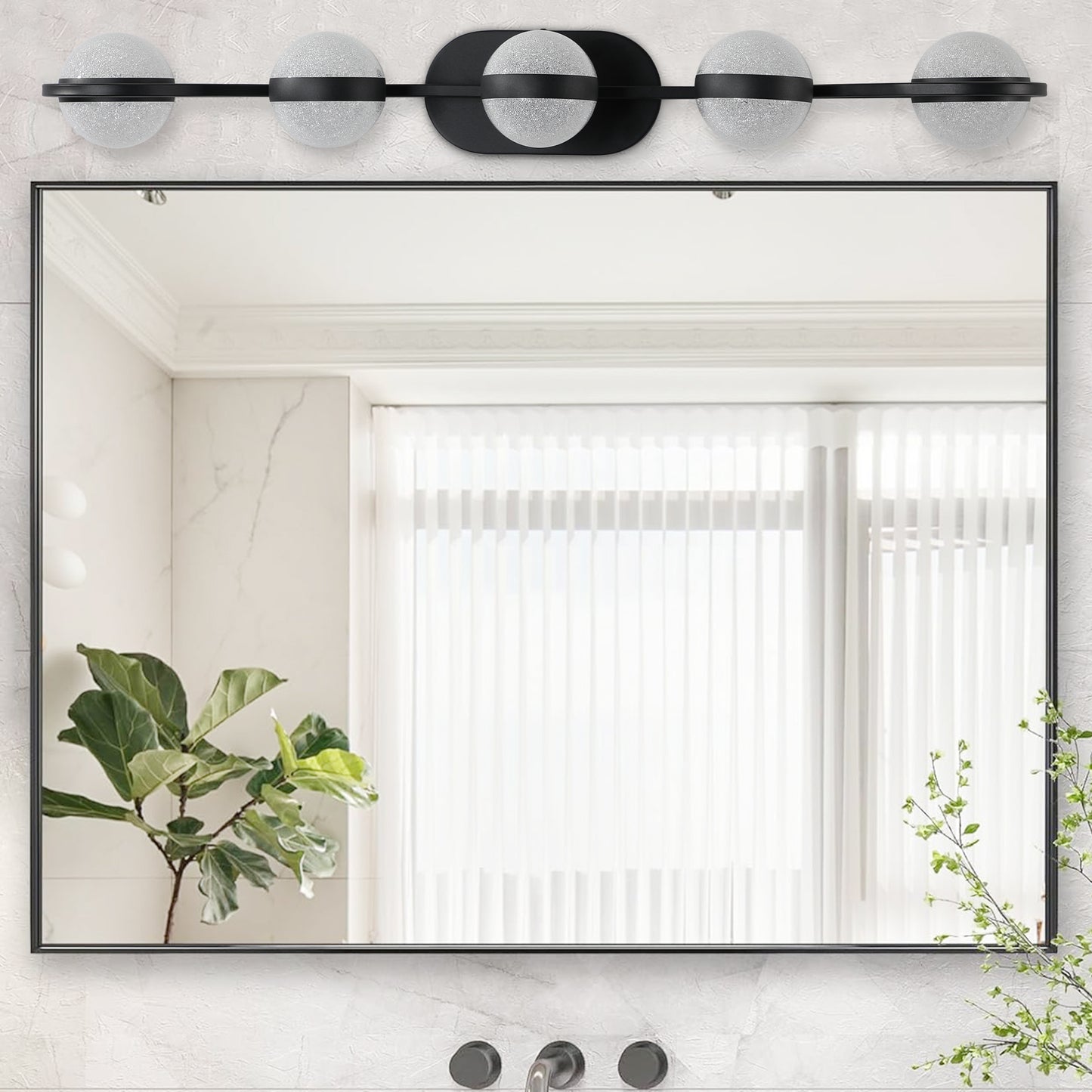 (NEW SKU:W1340P206793)Modern Minimalist Bathroom Vanity Light, LED 5 Bulb Frosted Glass Shades, Wall Mounted Decorative Lighting Fixture, Suitable for Bathroom Vanity Mirror (Black)