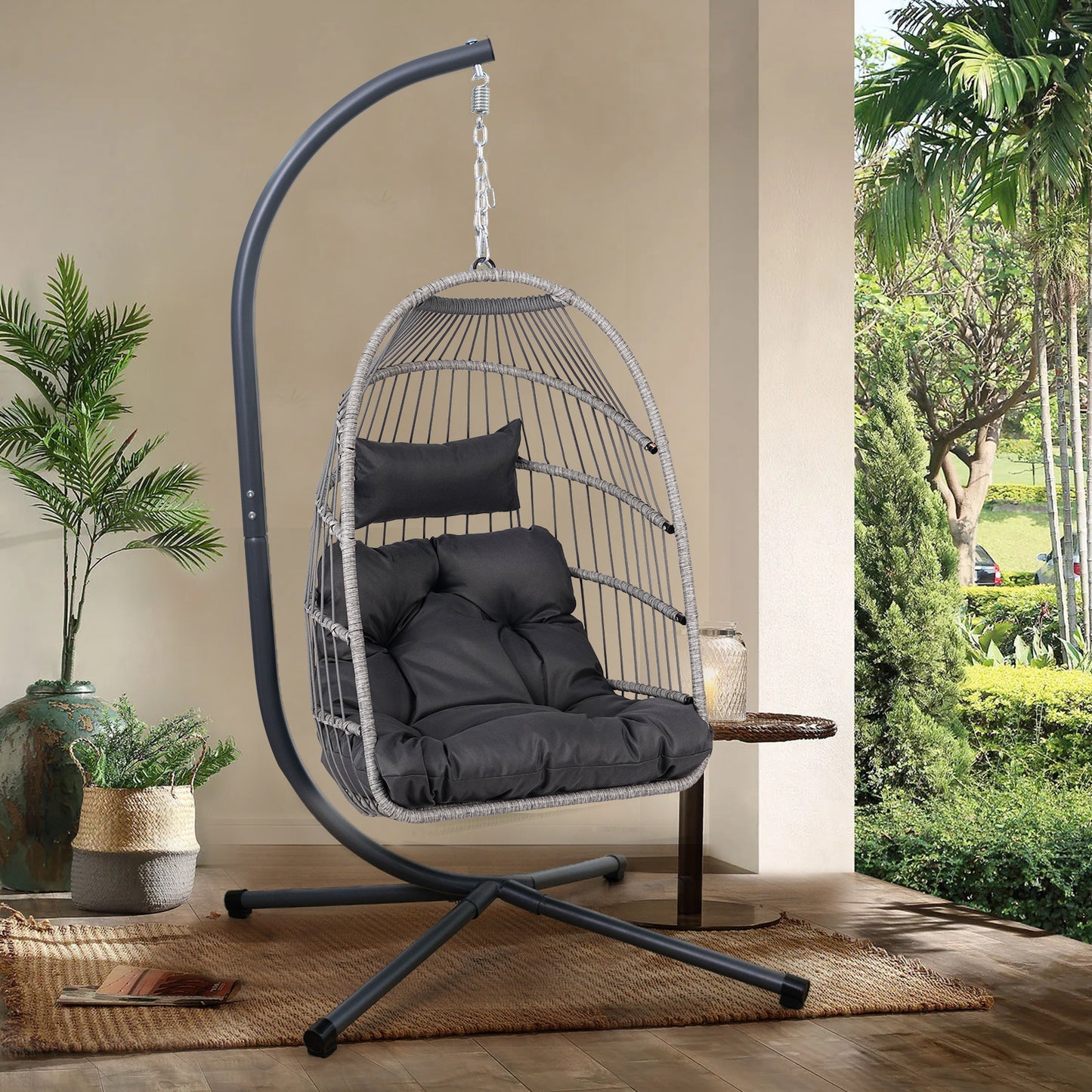 Outdoor Egg Hanging Chair with Stand , Wicker Patio Swing Chair with Cushion, Indoor Outdoor Hammock Egg Chair, Steel Frame