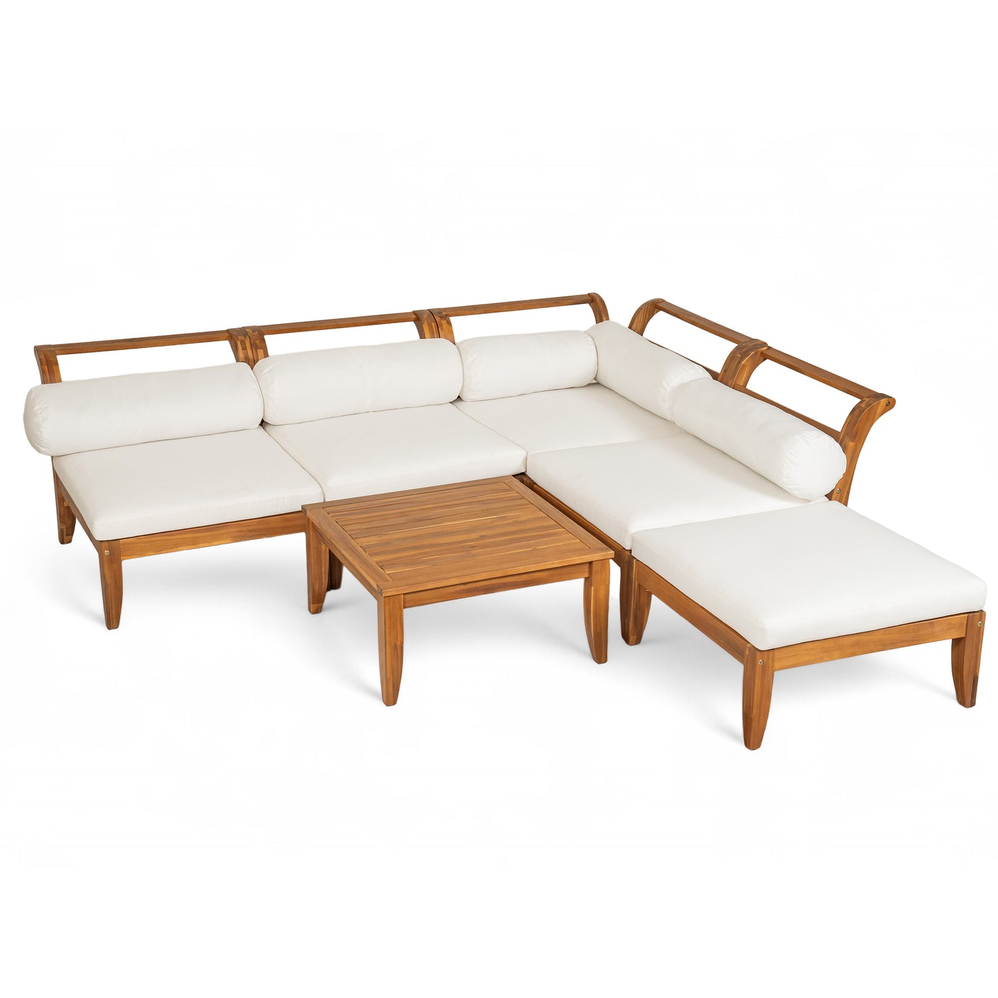 6 Piece Patio Sofa Set, Acacia Wood Outdoor Modular Sectional Garden Furniture Set L-Shaped Conversation Set, Convertible Daybed with Tea Table, Ottoman, 5 Cushions and Pillows, Teak+Beige