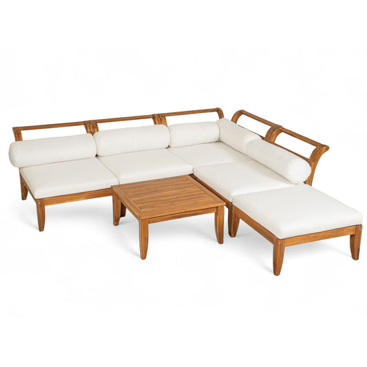 6-Piece Outdoor Sectional Sofa Set Acacia Wood Teak and Beige for Patio, Garden, or Backyard