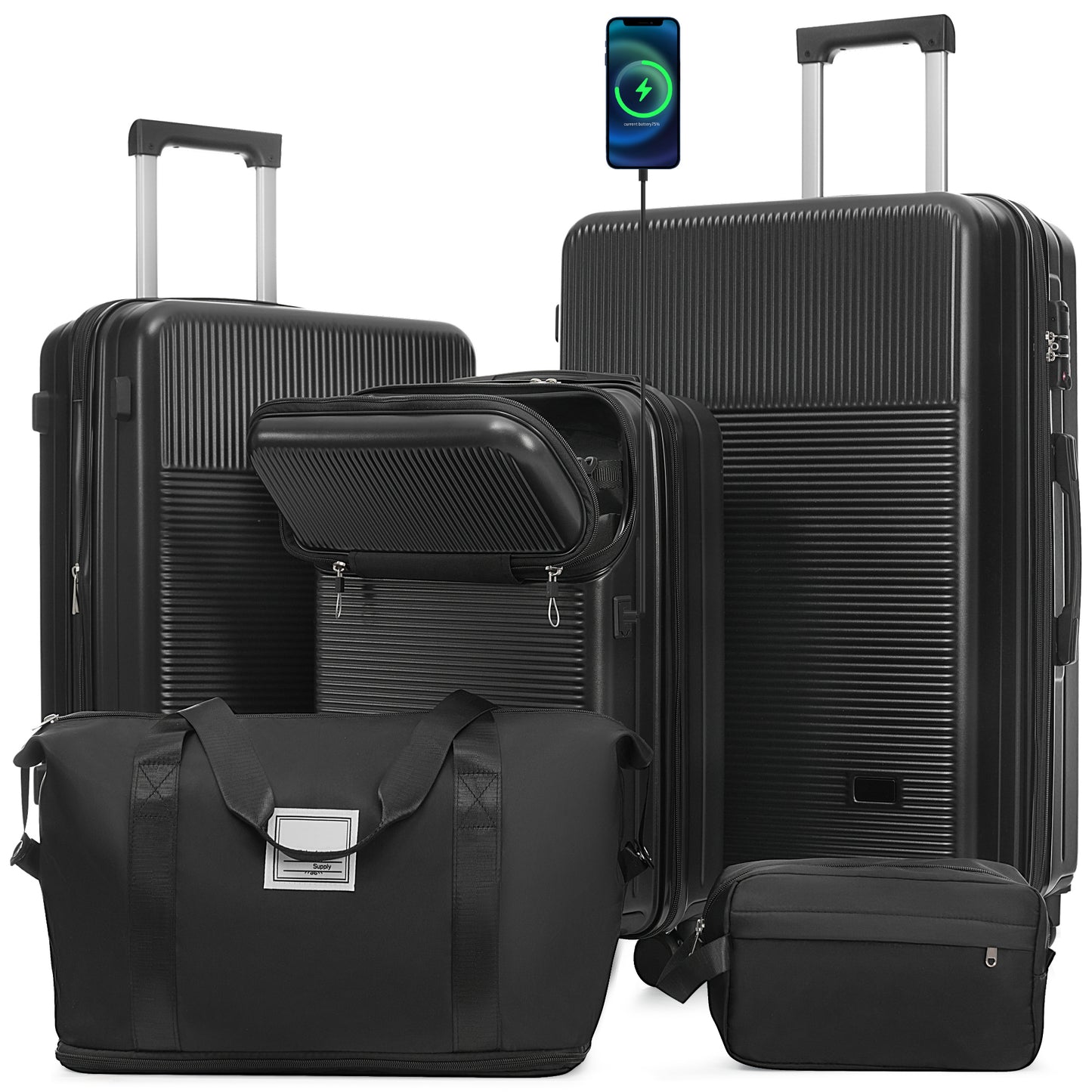Luggage Sets 5 Piece with Half-opening, Hardside Suitcase Set, Double Spinner