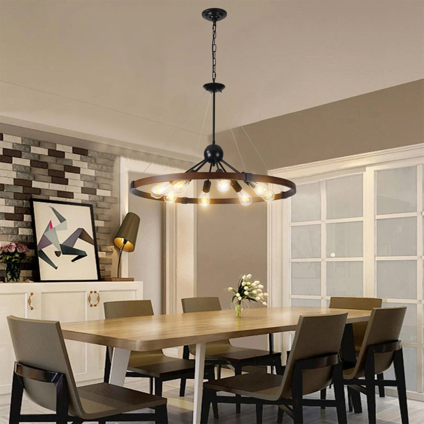 (New SKU:W1340P206642) 8-Light Retro Farmhouse Chandelier For Kitchen, Living room, Dining room Red and Walnut(No Bulbs)