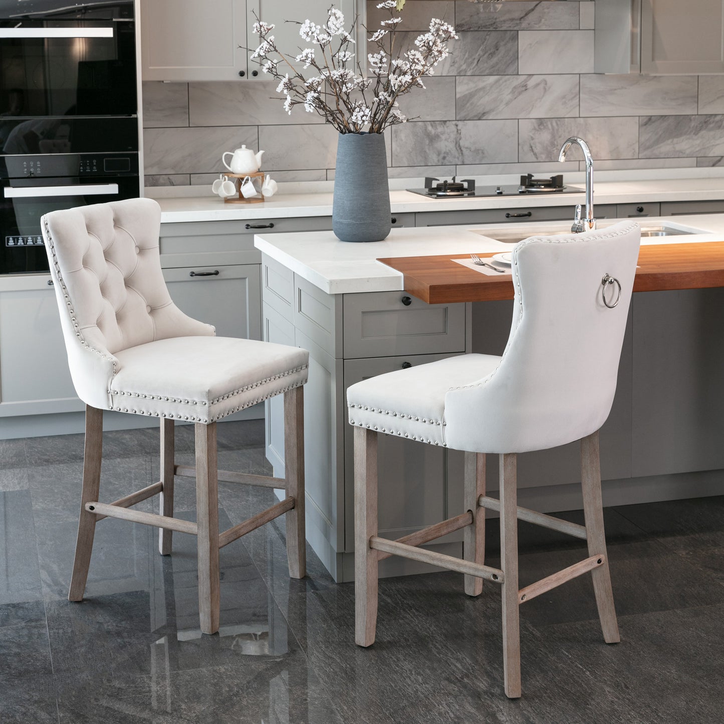Contemporary Velvet Upholstered Barstools with Button Tufted Decoration, Wooden Legs, and
