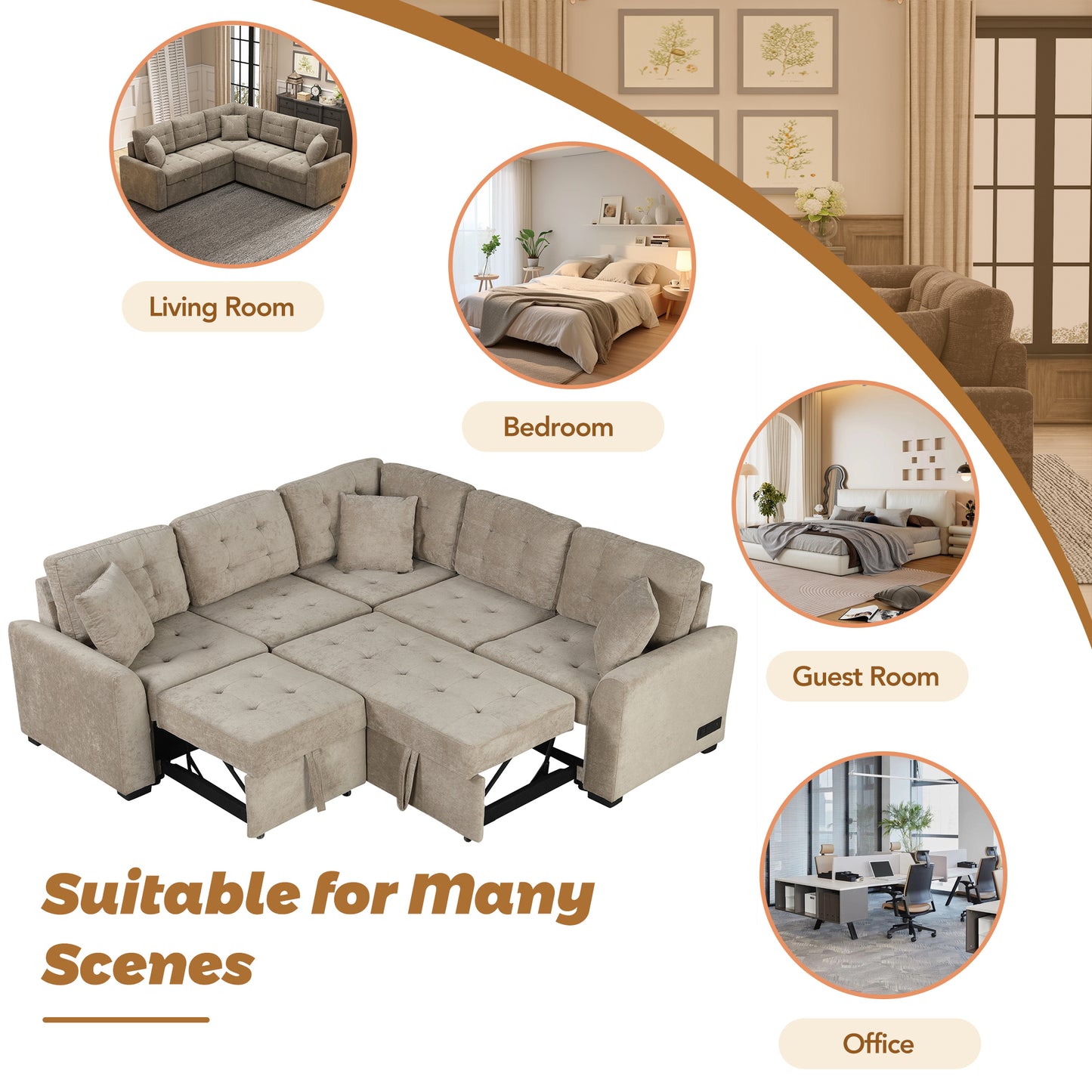 82.6" L-shape Sofa Bed Pull-out Sleeper Sofa with Wheels, USB Ports, Power Sockets for Living Room , Khaki