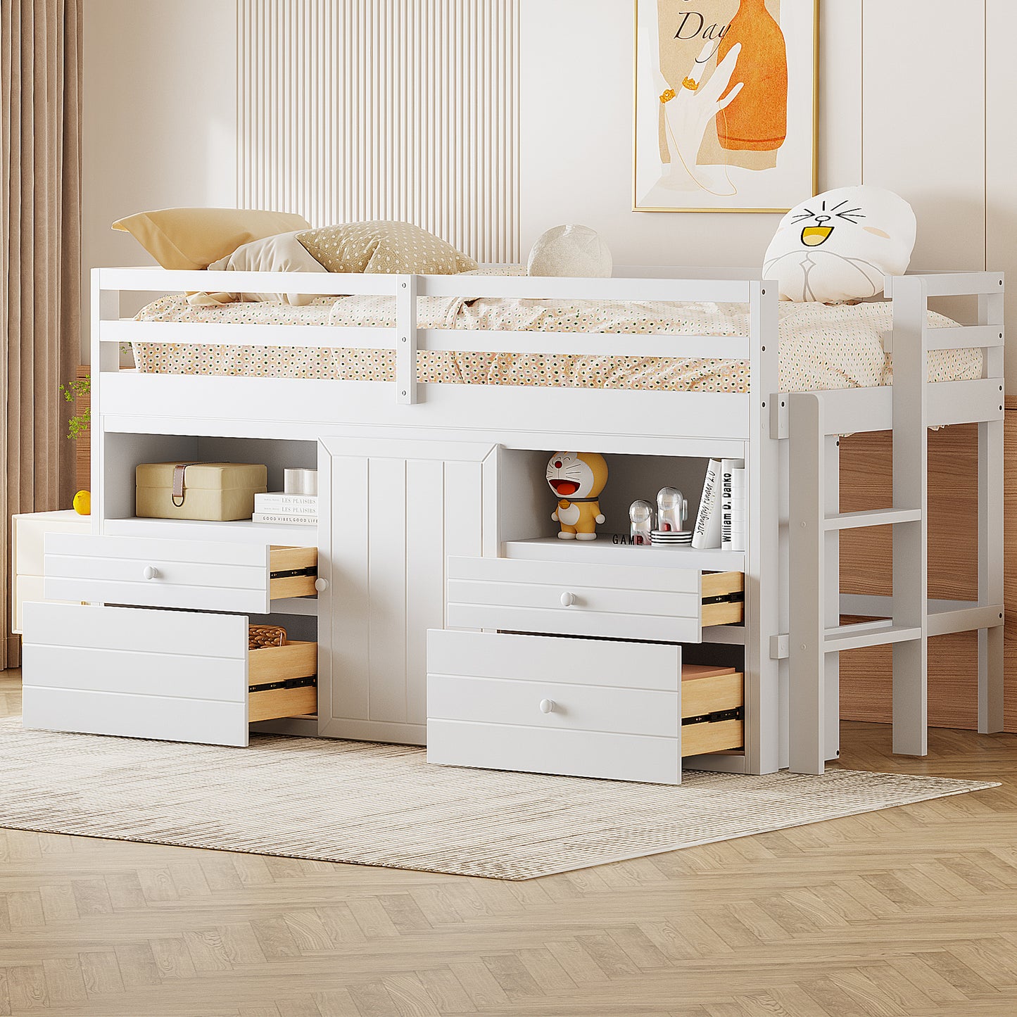 Twin Size Loft Bed with 4 Drawers, Underneath Cabinet and Shelves