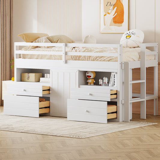 Loft Bed, Twin Size, Solid Wood and MDF with Four Storage Drawers, Shelves, and Cabinets for Bedroom or Study Space