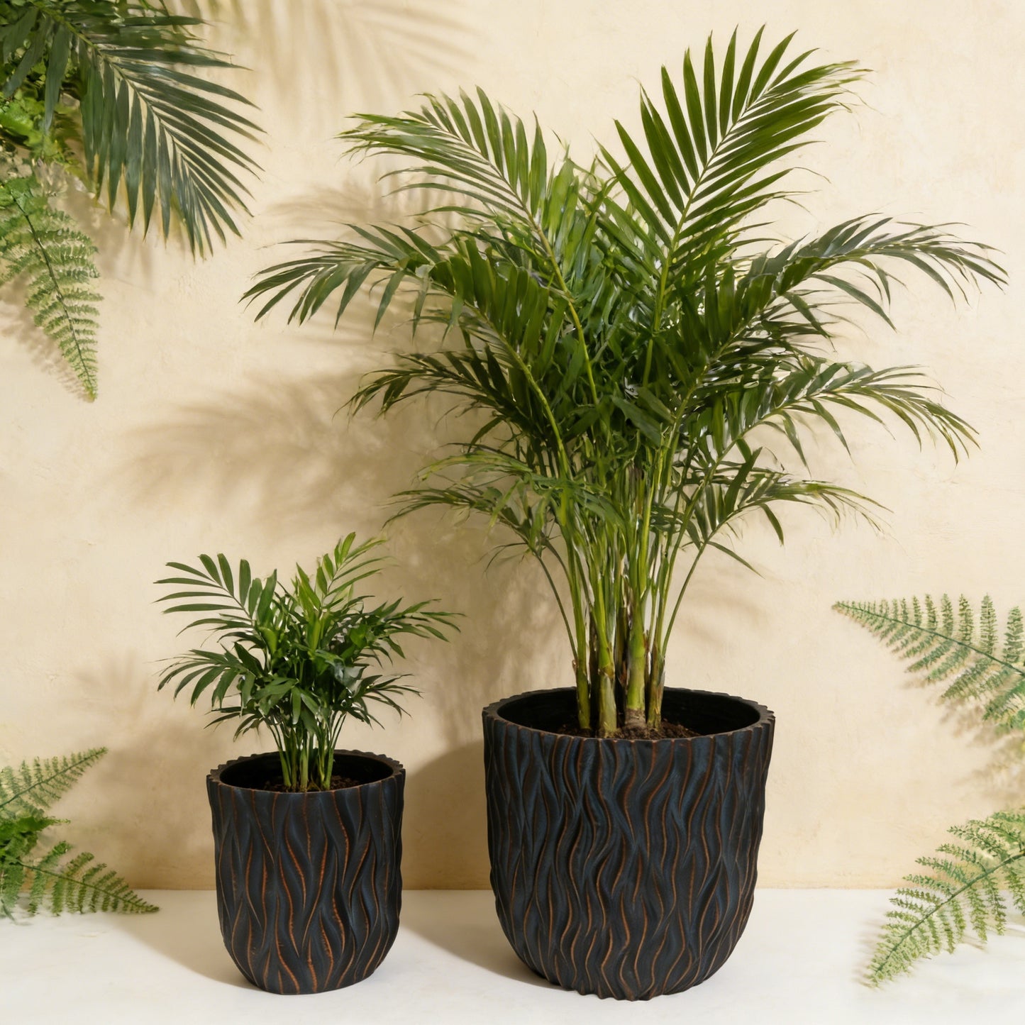 Large Round Planters Set of 2 (15.75'x14.96' & 12.2' x13.39'') - Lightweight Magnesium Oxide Plant Pot with Texture -Concrete Planter Pots with Drainage Hole – Indoor & Outdoor Use