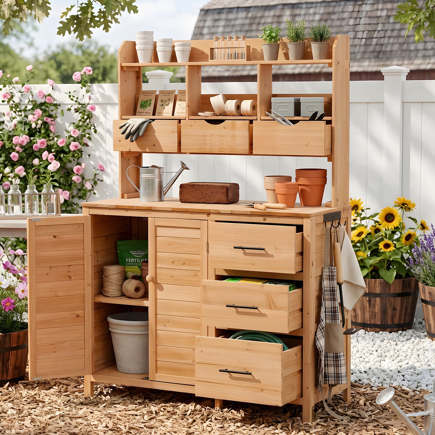 Farmhouse Patio Potting Bench, 44.6''x19.5'' Large Freestanding Garden Workstation with 6 Drawers, Bottom Cabinet and Si