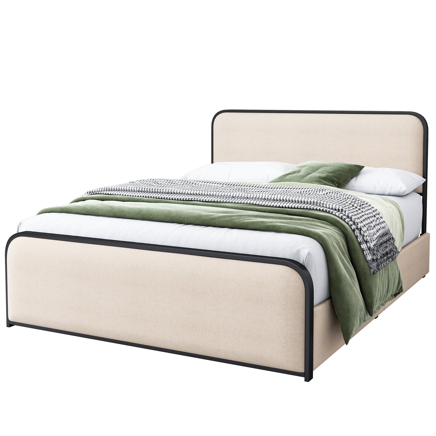 Modern Metal Bed Frame with Upholstered Curved Headboard and Footboard, 4 Storage Draw