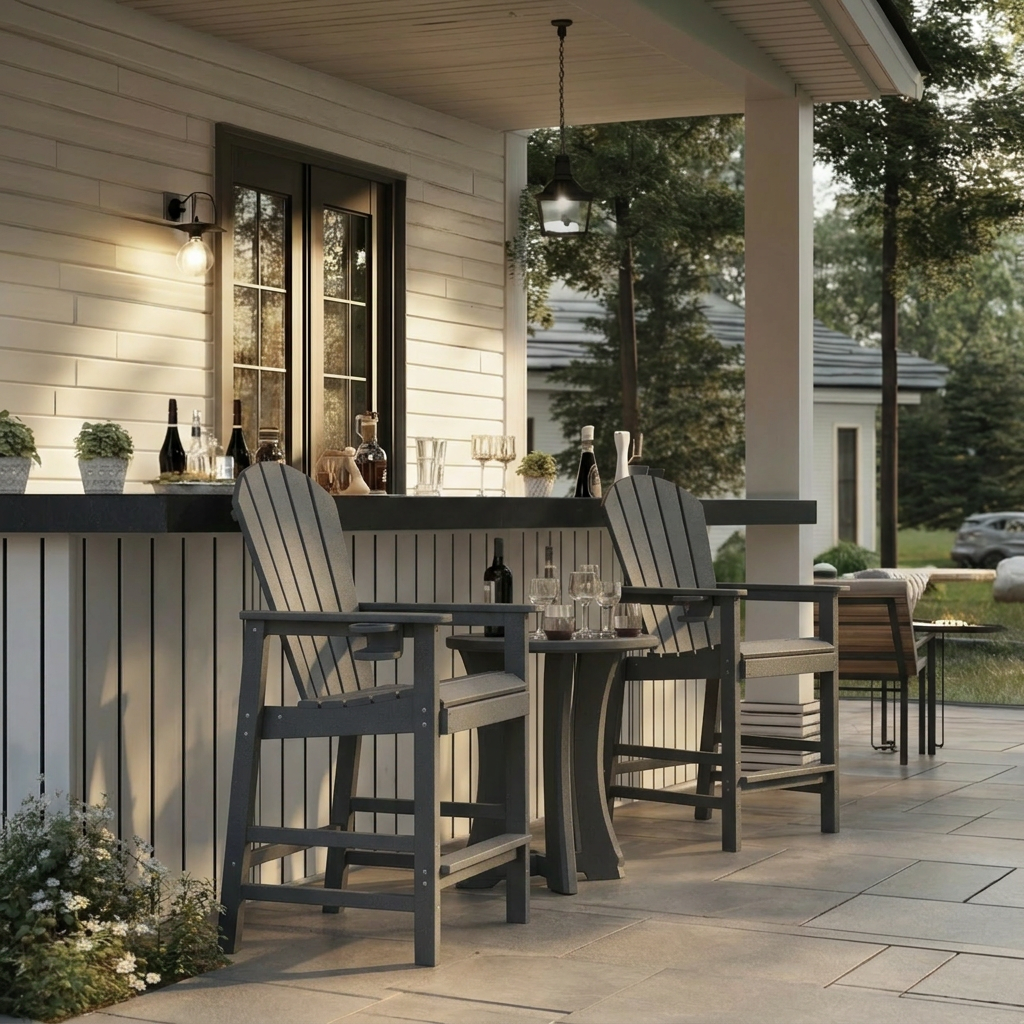 HDPE Bar Height Adirondack Chair with Cup Holder, All-Weather UV Resistant Outdoor Patio Bar Chair