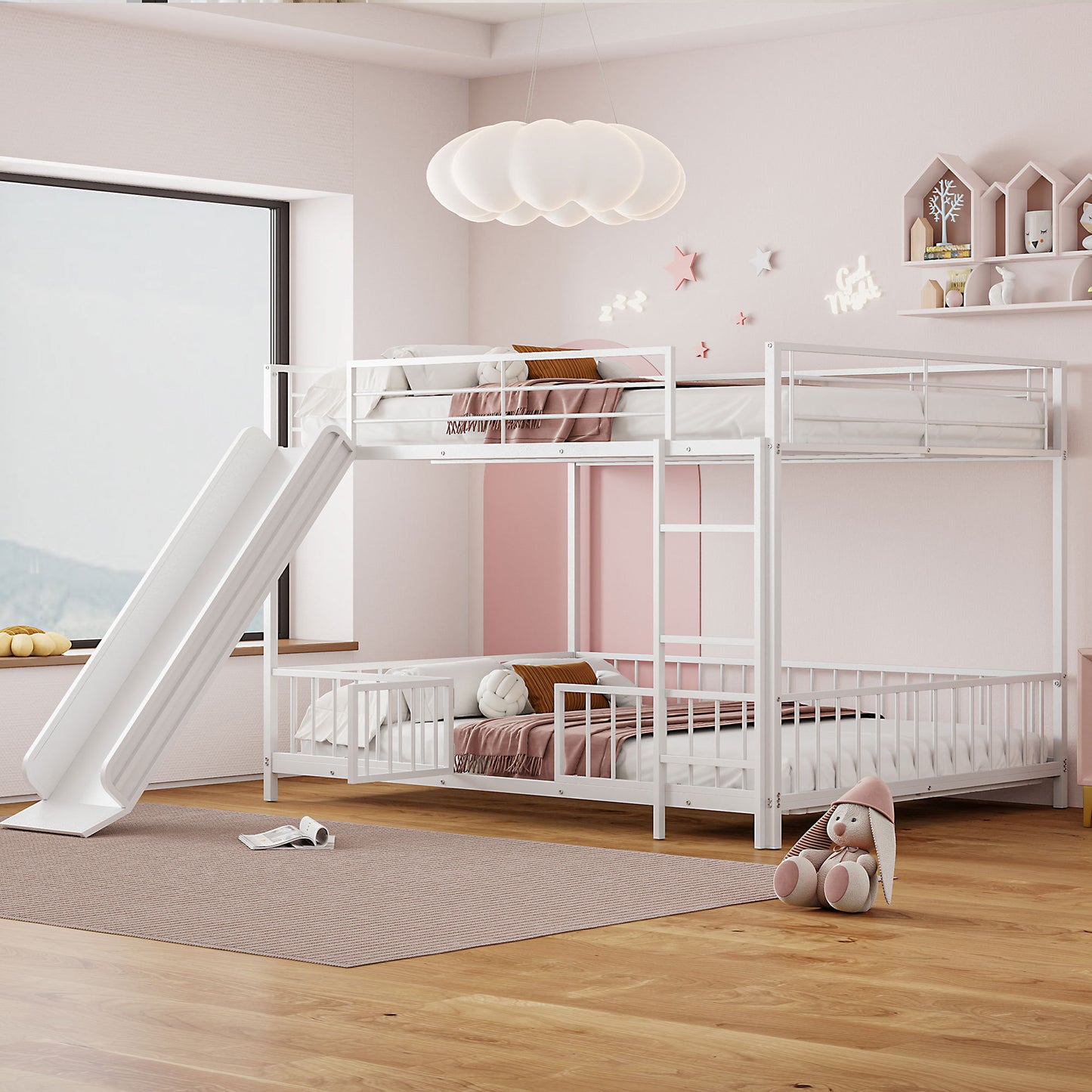 Full over Full Size Metal Bunk Bed with Slide and Guardrails