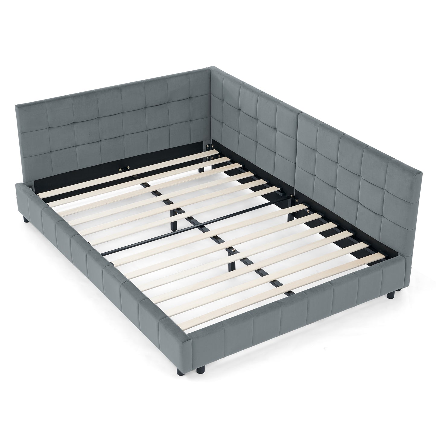 Mid-Century Upholstered Tufted Bed Frame with Backrest and Armrests, Velvet