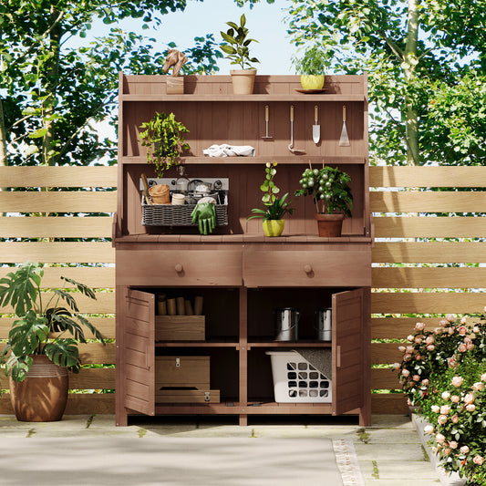 Garden Potting Bench Wood Brown with Storage for Patio, Garden, or Backyard