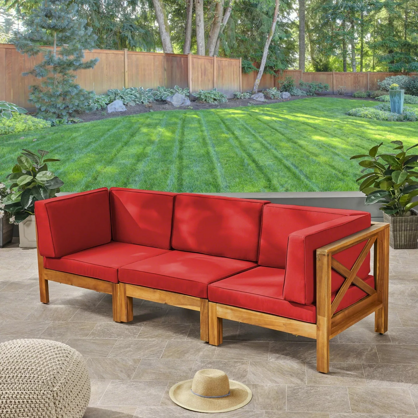 Brava X-Back 3-Seater Outdoor Sectional Sofa Set with Water-Resistant Cushions – Acacia Wood Patio Conversation Seating