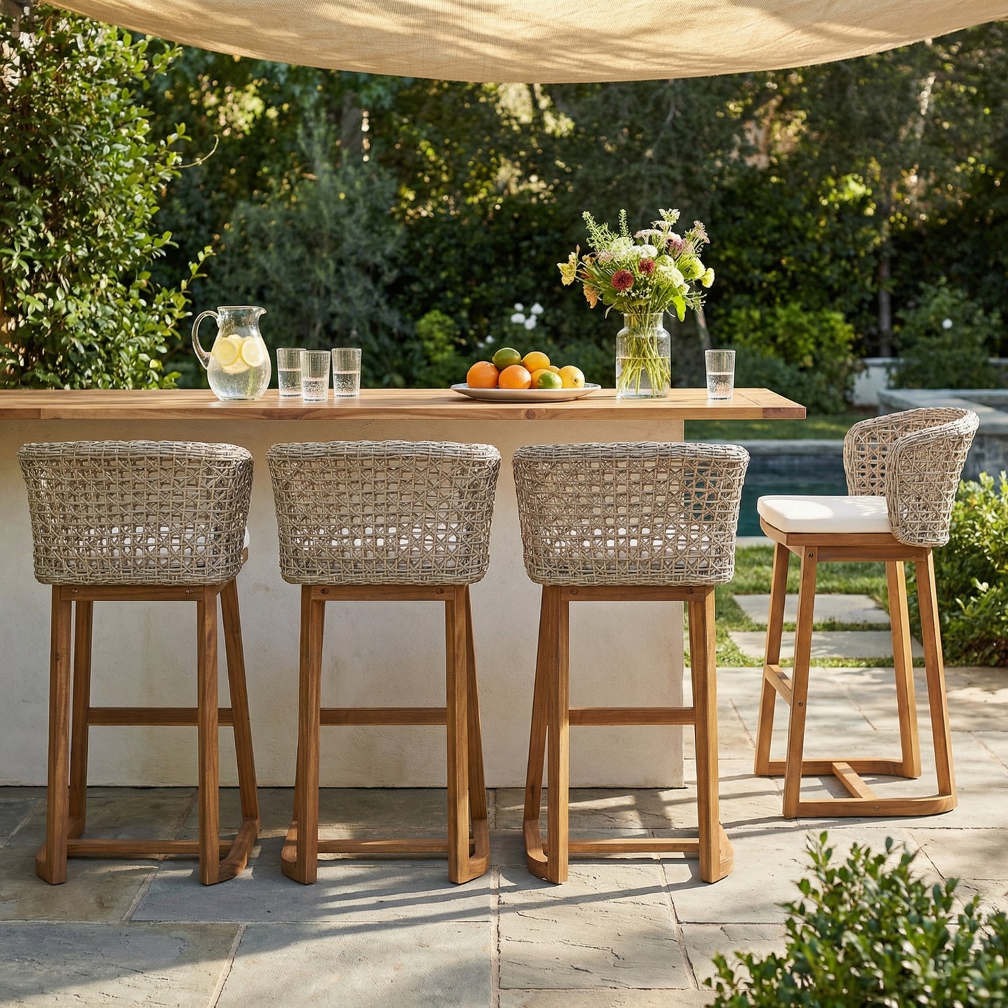 4-Piece Outdoor Acacia Wood Bar Stool Set with Wicker Back and Beige Cushions – Teak Finish Bar Height Chairs