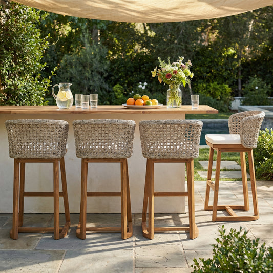 4-Piece Outdoor Acacia Wood Bar Stool Set with Wicker Back and Beige Cushions – Teak Finish Bar Height Chairs