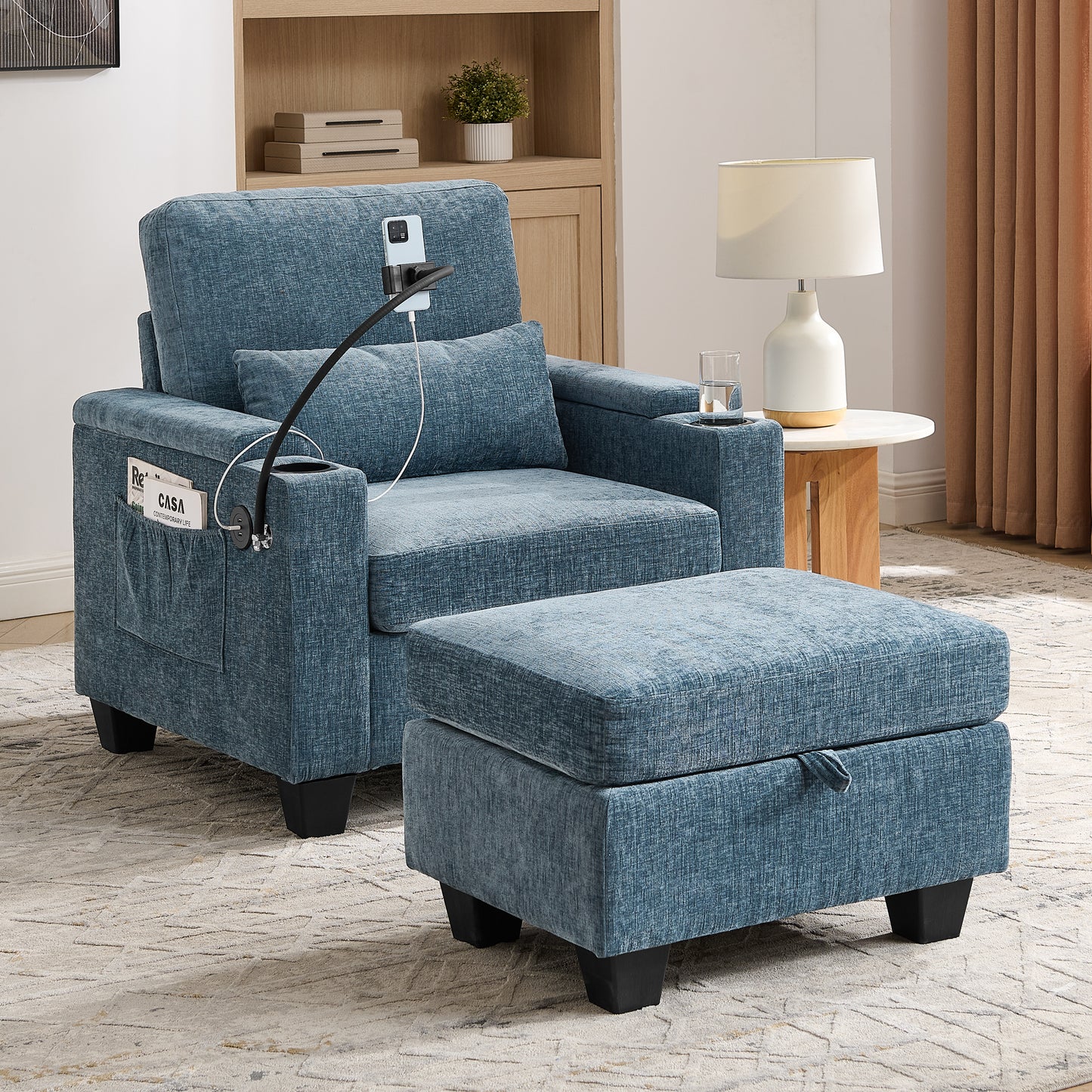 Single sofa recliner with manually adjustable backrest, USB charging port, phone stand, hidden