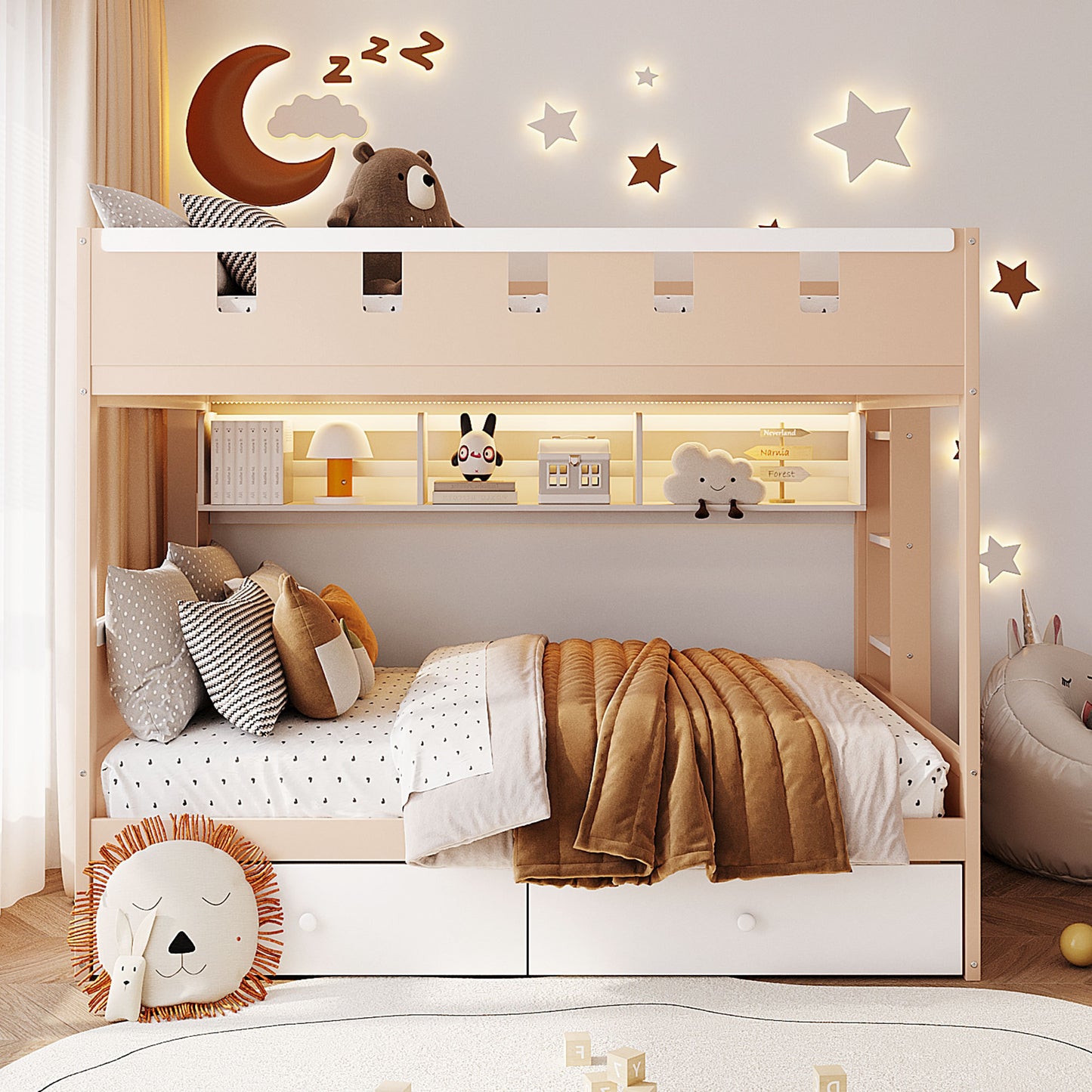Full Size Castle Style Bunk Bed with 2 Drawers, Shelf, and LED
