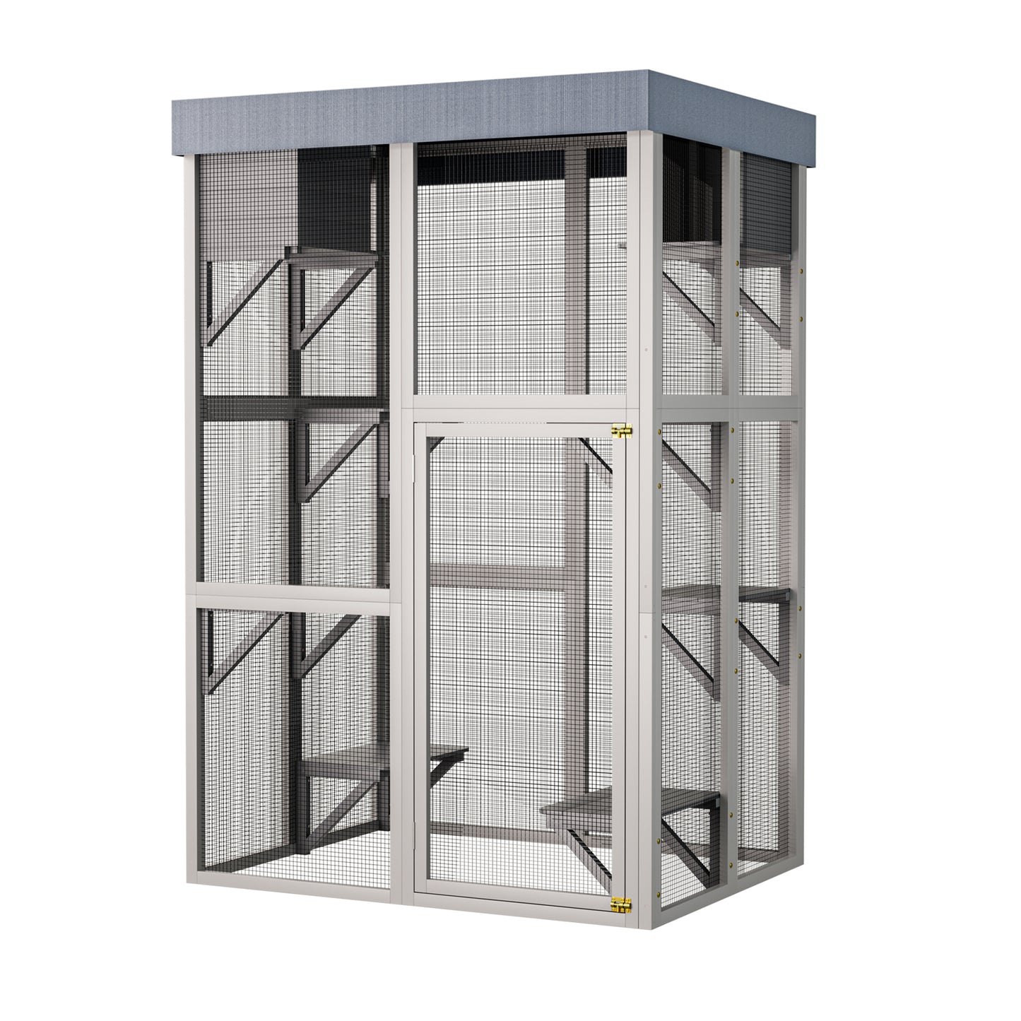 70.5" Tall Wooden Outdoor Catio Cat Enclosure – Large Gray Solid Wood Cat House with 6 Platforms, 2 Napping Houses & Removable Waterproof Tarp Roof