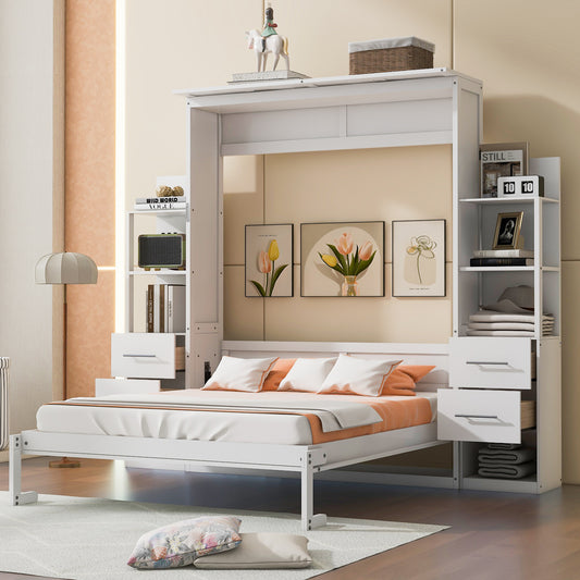 Murphy Wall Bed, Queen Size, MDF and LVL with Drawers, Shelves, and LED/Light Feature for Bedroom or Home Office