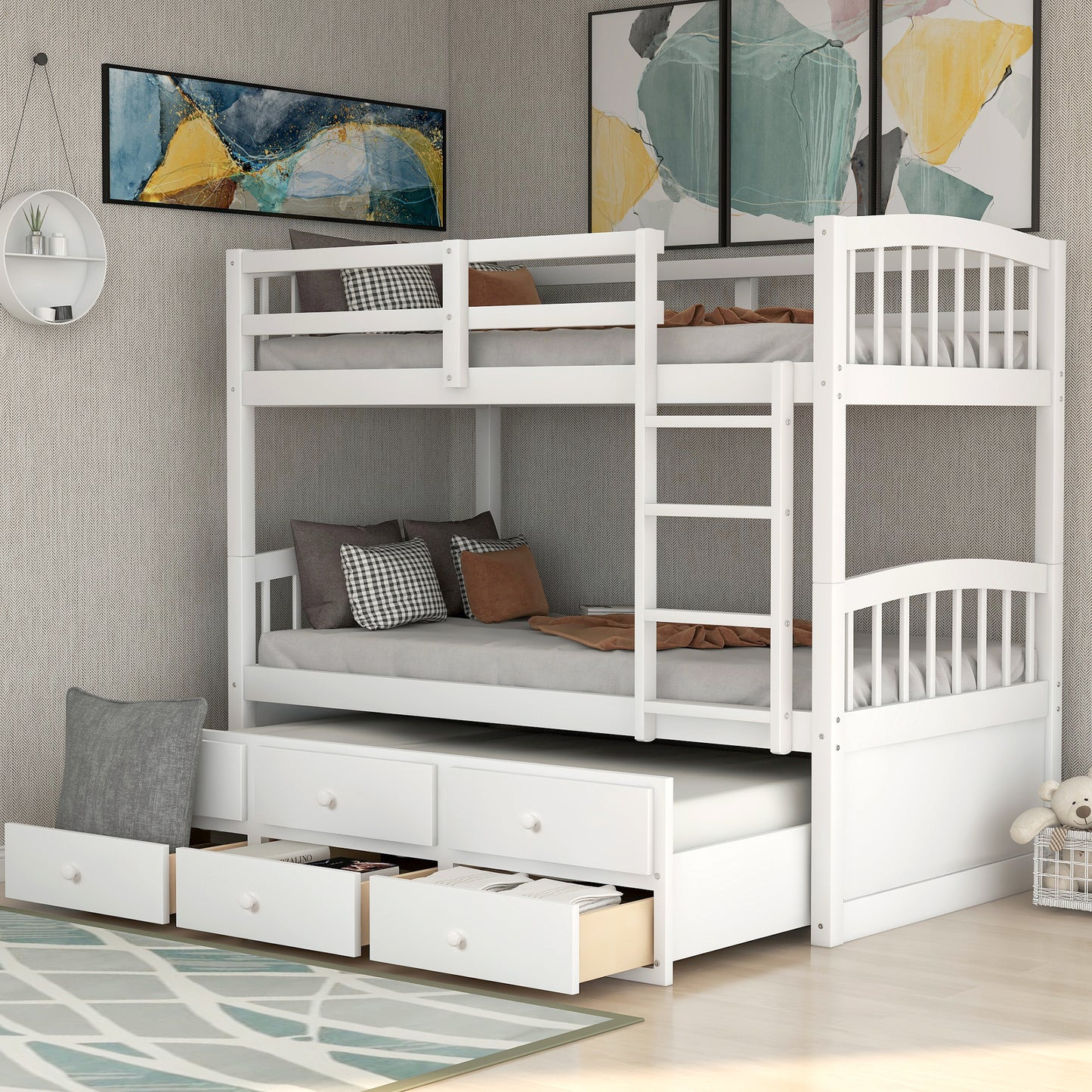 Twin Bunk Bed with Ladder, Safety Rail, Twin Trundle Bed with 3 Drawers