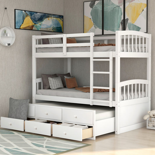 Bunk Bed, Twin Size, Solid Wood with Trundle, Three Drawers, and Ladder for Shared Bedroom or Guest Room