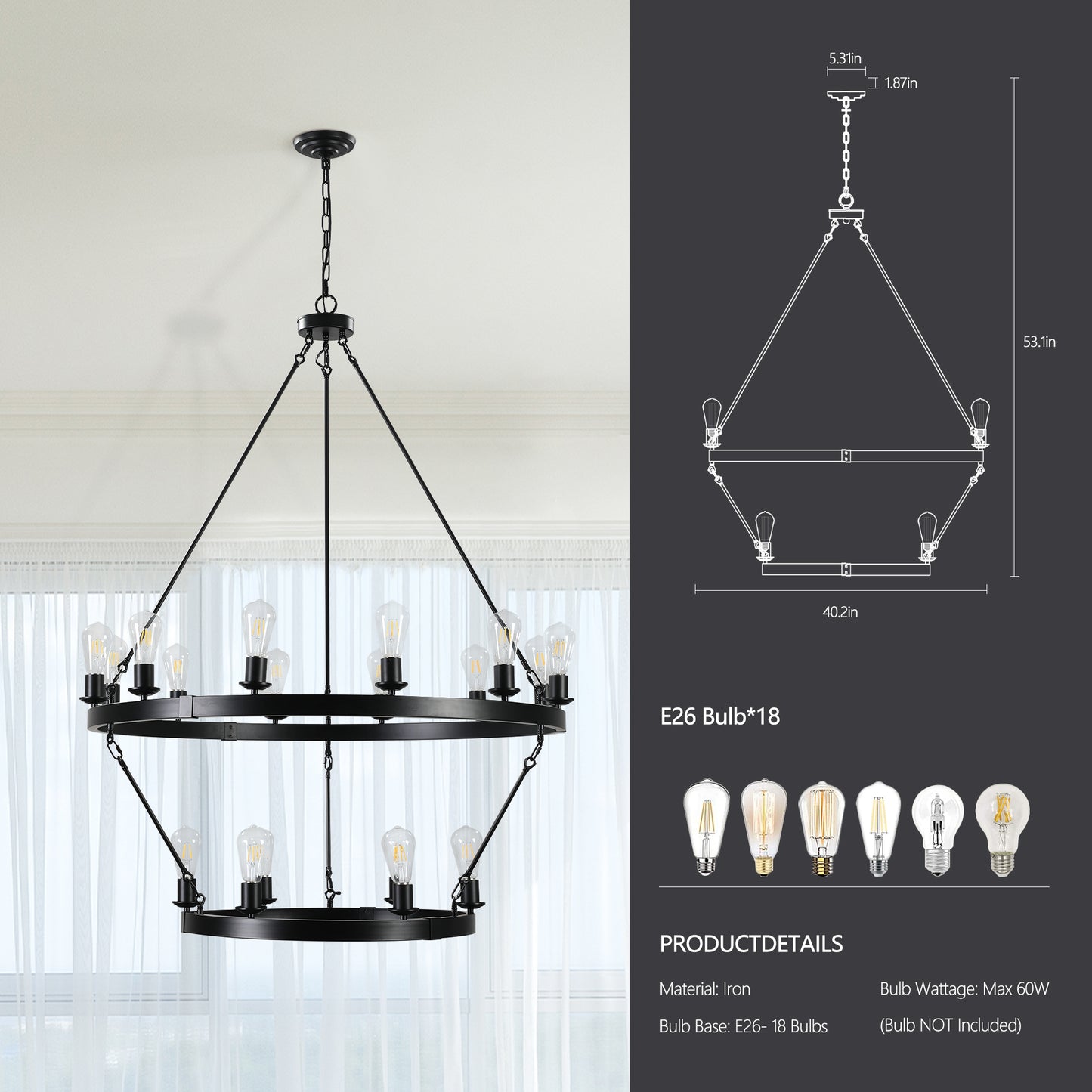 (NEW SKU:W1340P206659) Retro style Large 2-Tier circular ceiling Ironwork chandelier