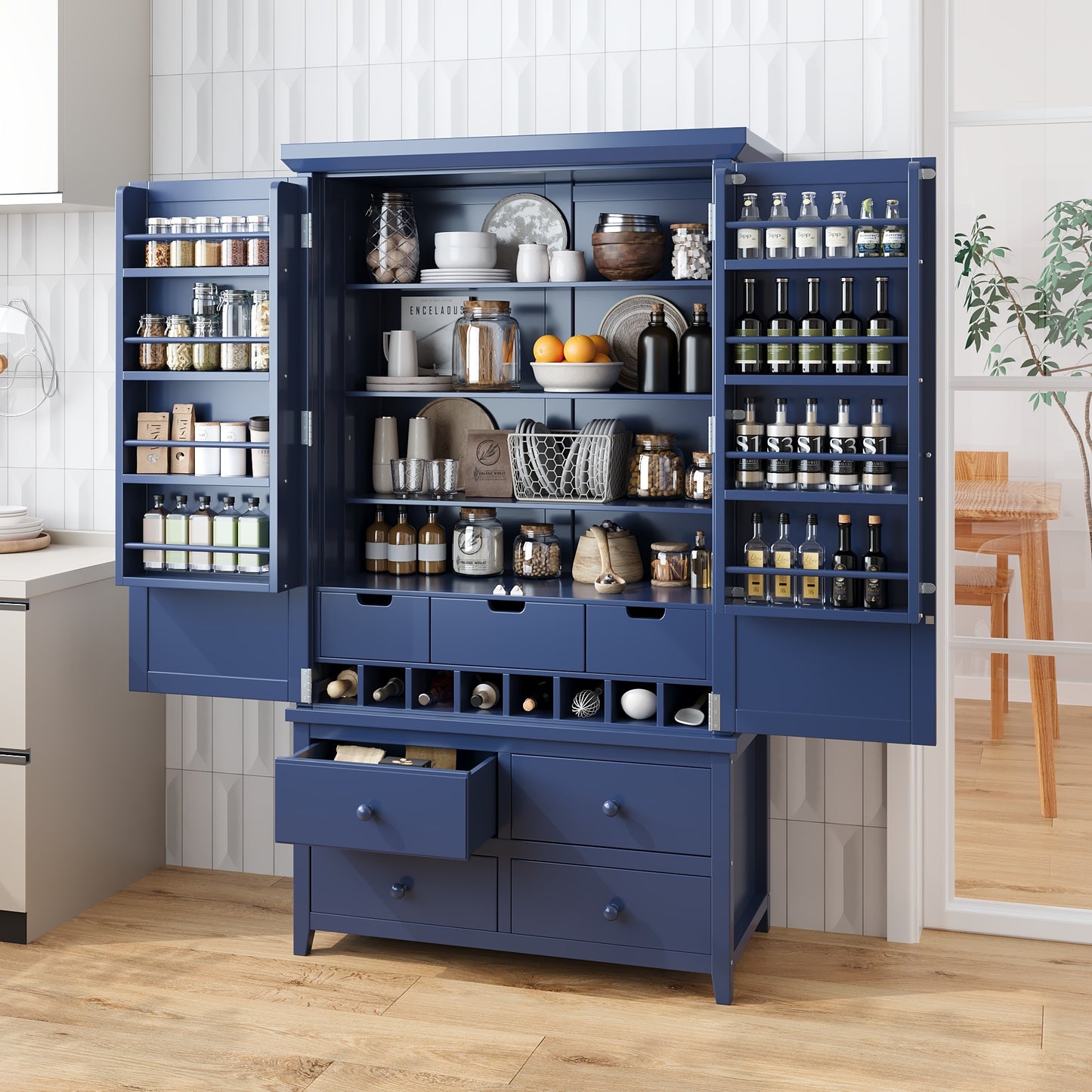 Freestanding Large Kitchen Pantry Wooden Kitchen Storage Cabinet Cupboard with 8 Door Shelves