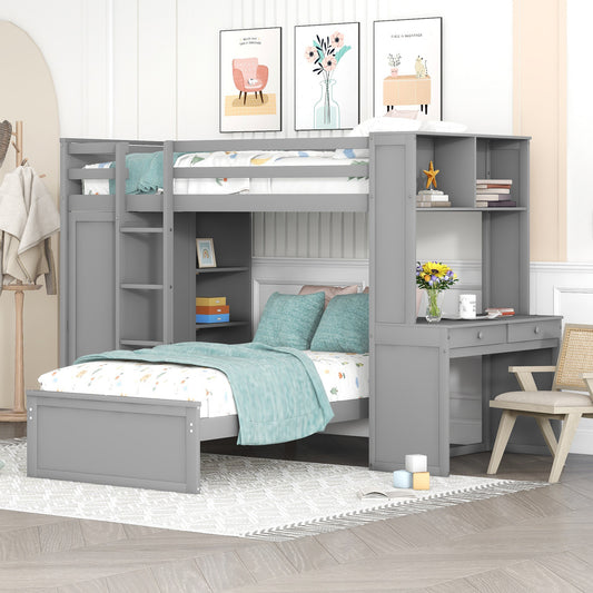 Loft Bed, Twin Size, Solid Wood with Shelves, Wardrobe Storage, and Built-In Desk for Bedroom or Study Space