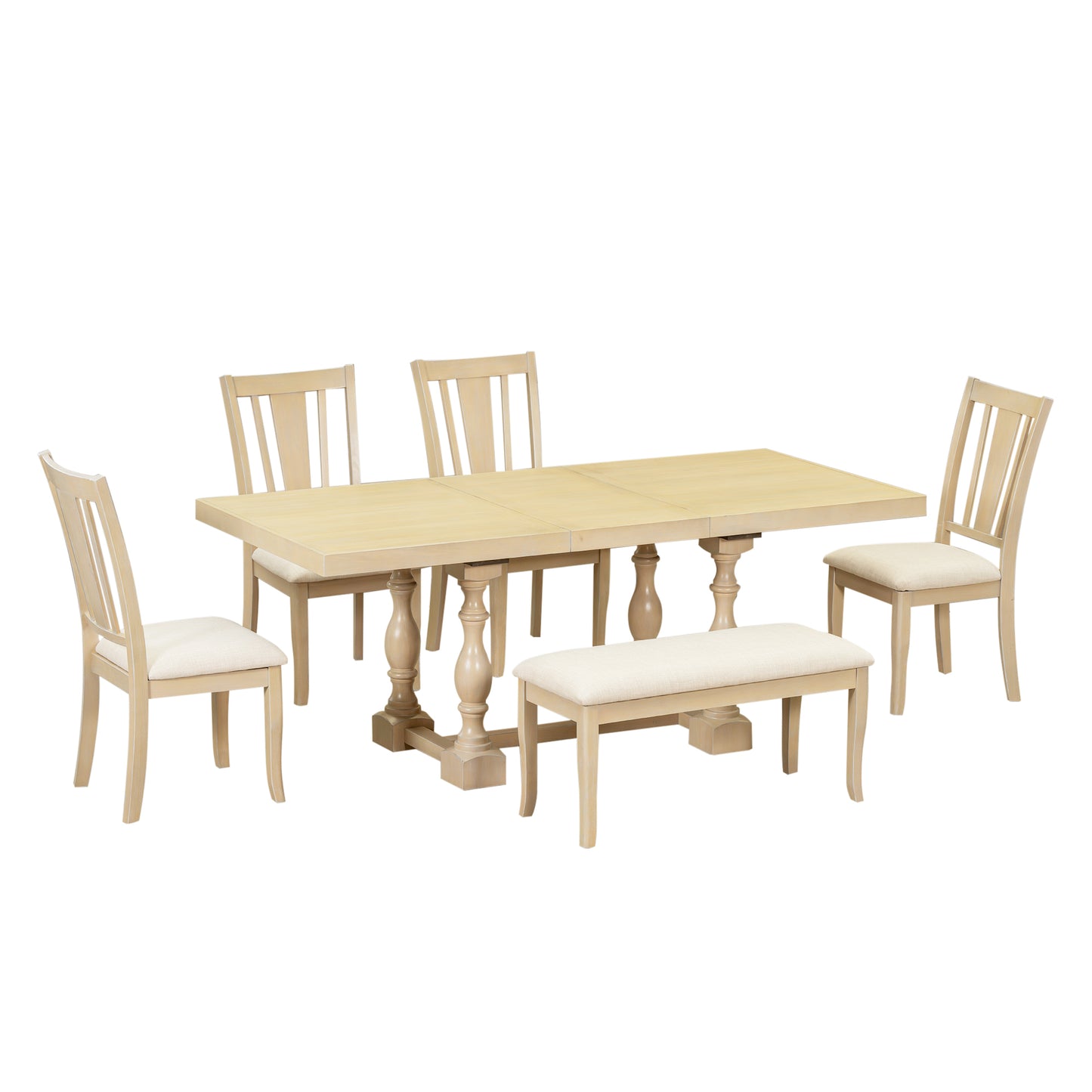 Traditional 6-Piece 78inch Trestle Extendable Dining Table Set with One 18inch Removable Leaf, Padded Dining Chairs and Bench,Natural