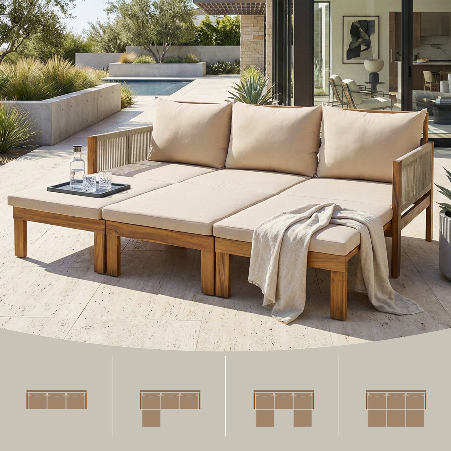 Outdoor Daybed Patio Sofa Bed 3 Seat Patio Sunbed Sleeper Couch for Backyard & Pool