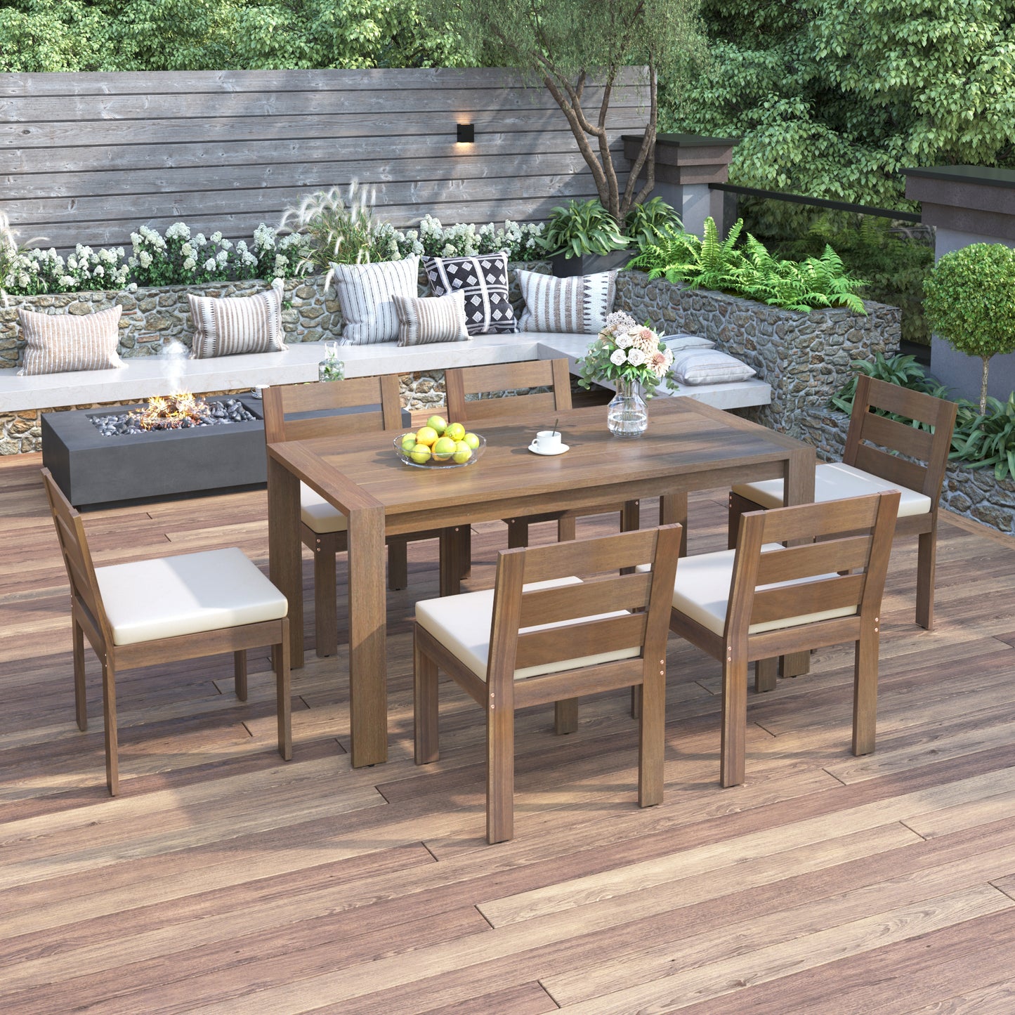7 Piece Acacia Wood Outdoor Dining Set, Suitable for Patio, Balcony, Backyard