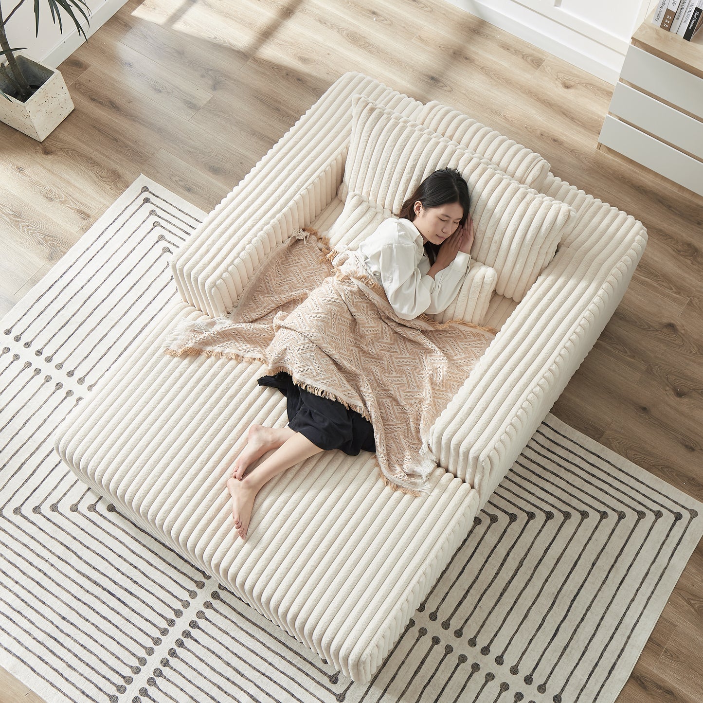 75-Inch Corduroy Sponge Sofa Lounge Chair with Removable footrest,No Assembly Required,Fluffy Modern Sleeper Chair for Indoor Living Room Bedroom