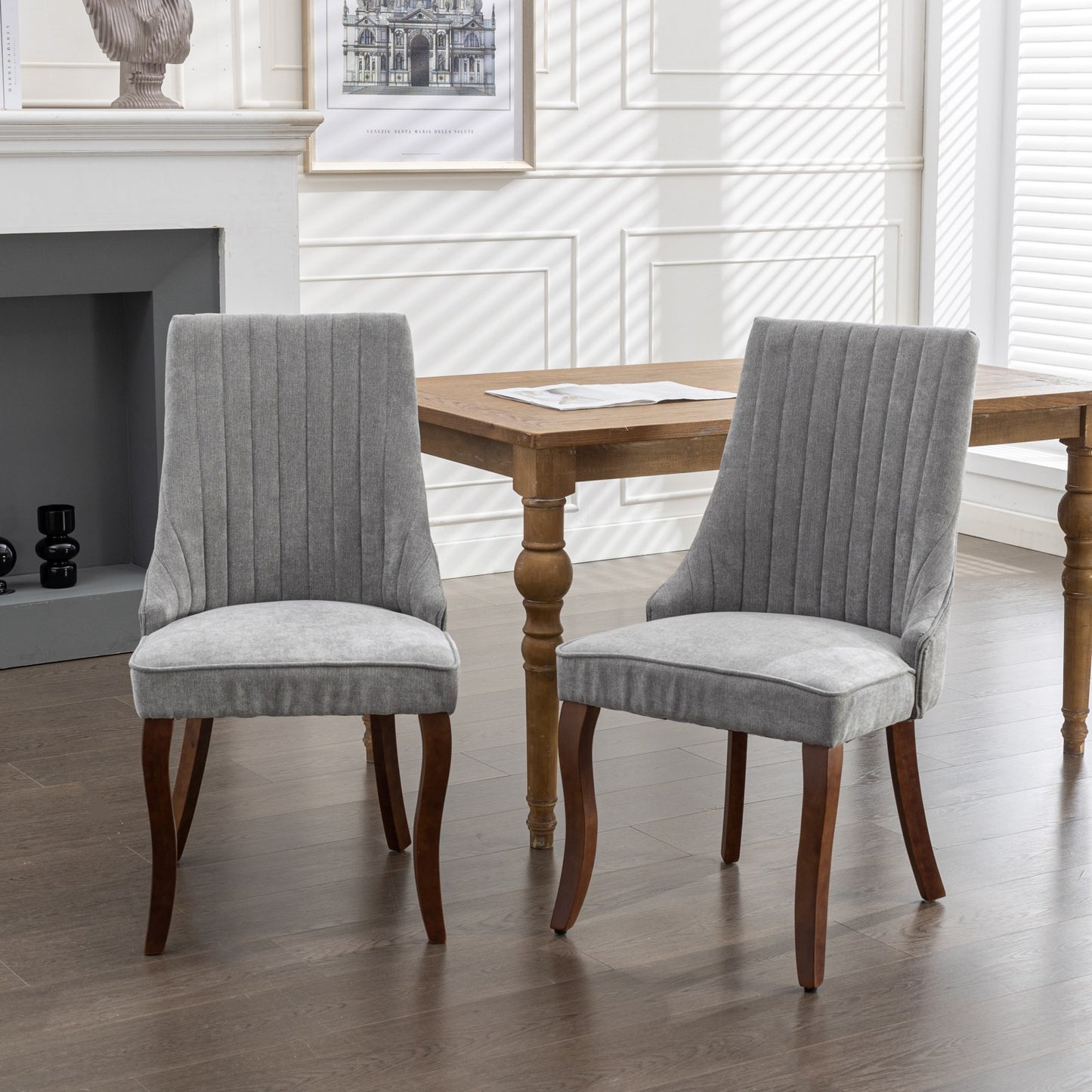 Rayon Cloth Flocking Linen Dining Chairs Channel Kitchen Dinner Chair Comfy Fabric Upholstered, set of 2