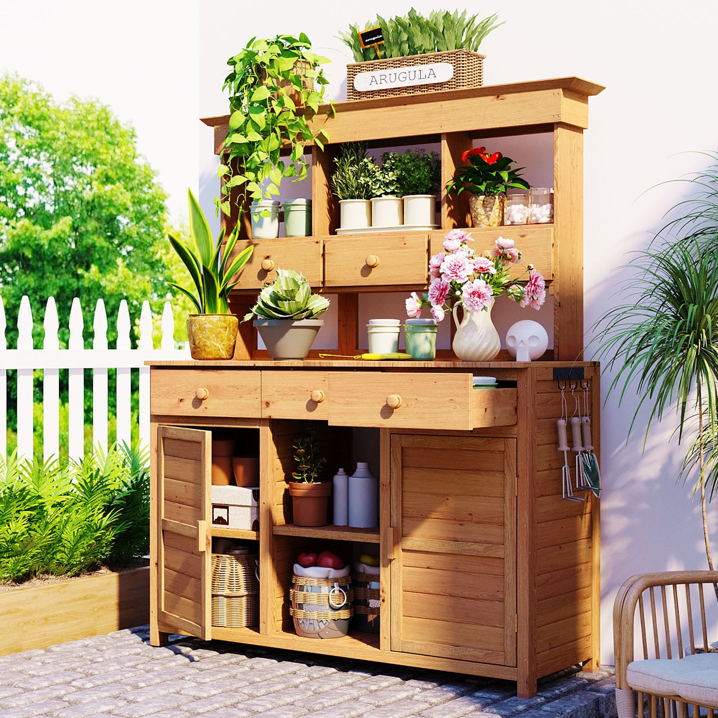 65.7'' H Tall Garden Potting Bench Table with Hutch,Patio Storage Workstation with 3 Shelves,6 Drawers,2 Bottom Cabinets