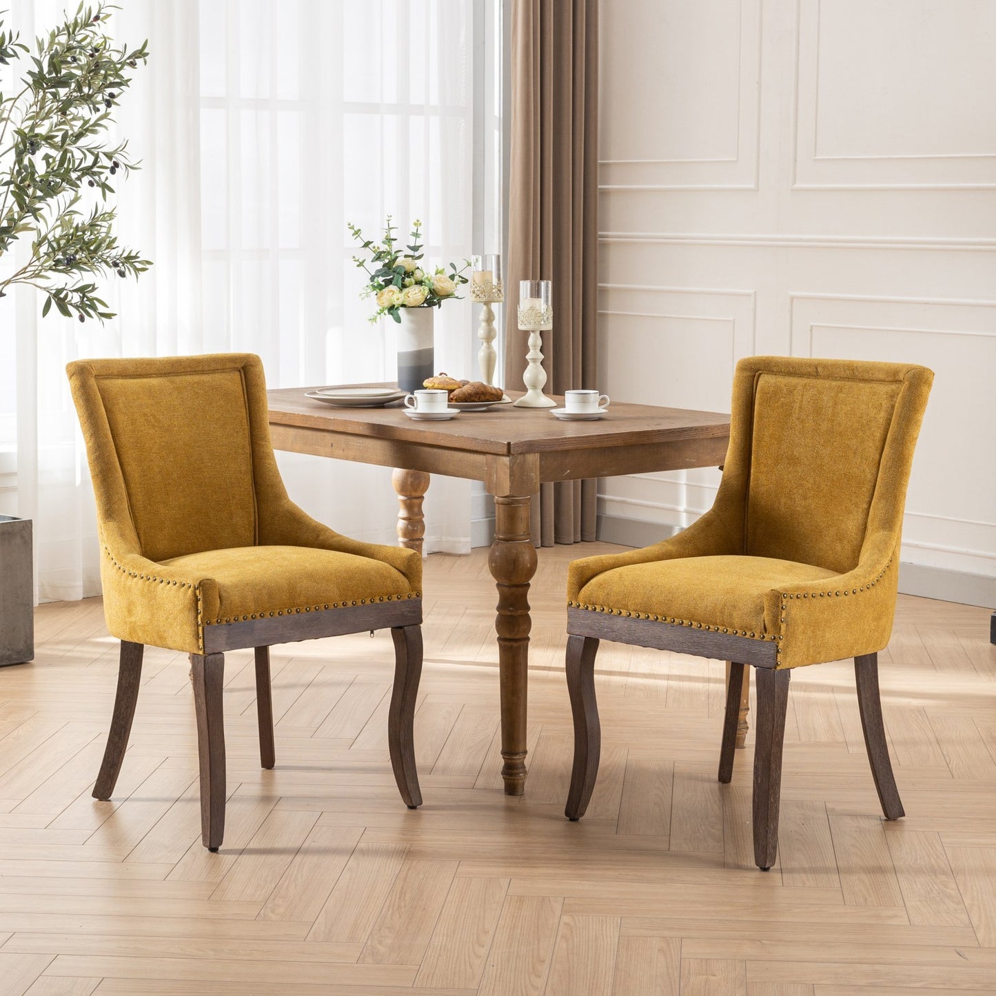 Ultra Side Dining Chair, Thickened Fabric with Solid Wood Legs and Bronze Nail Head, Set of