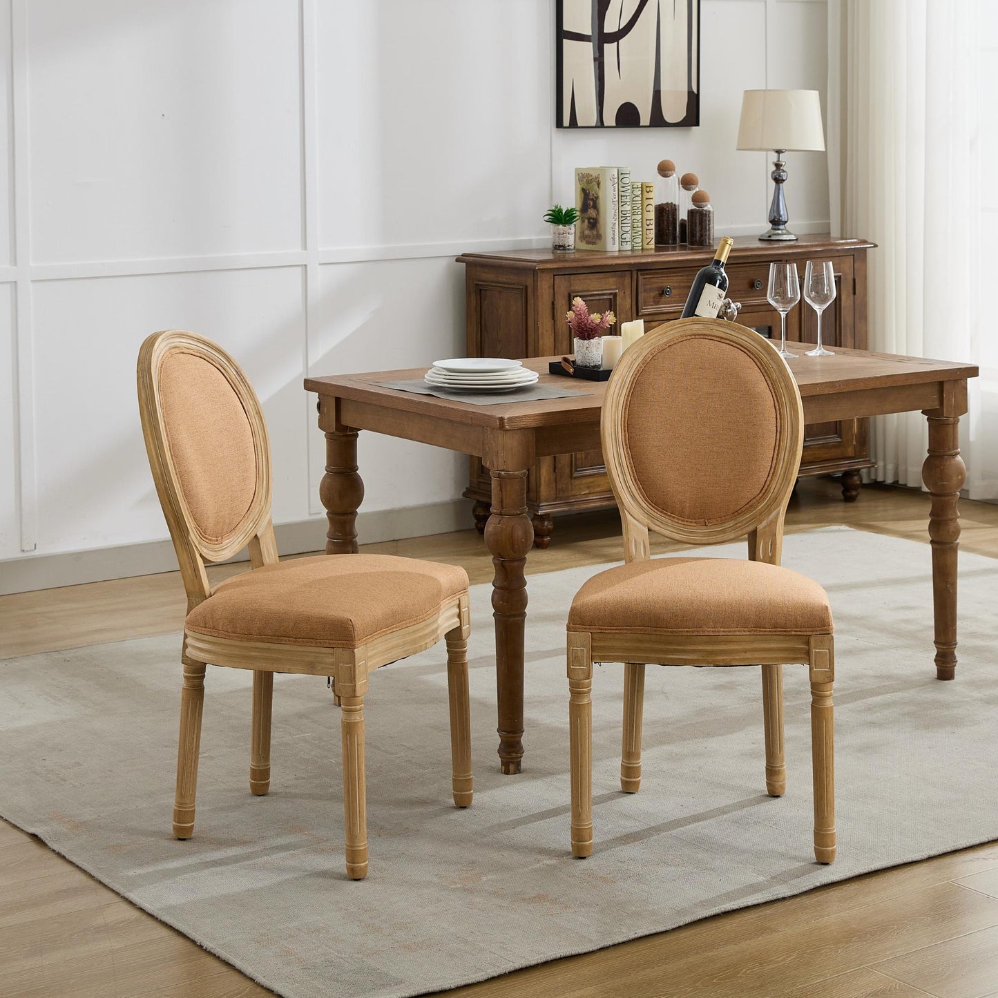 French Style Solid Wood Frame Antique Painting Linen Fabric Back Dining Chair, Set of 2,
