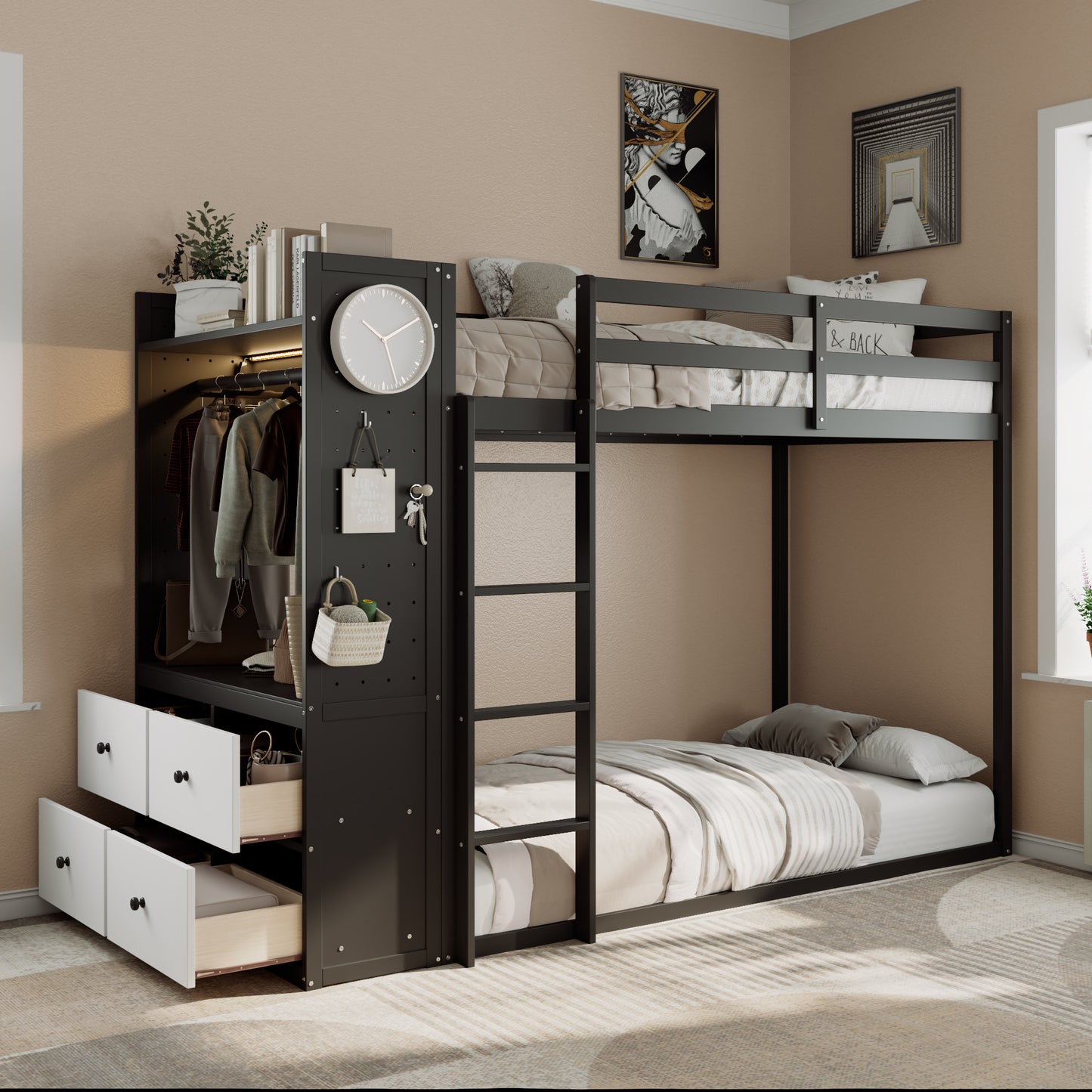 Twin Size Bunk Bed with 4 Storage Drawers, Hanging Rail, Light Strip, Shelves & Dual Pegboard