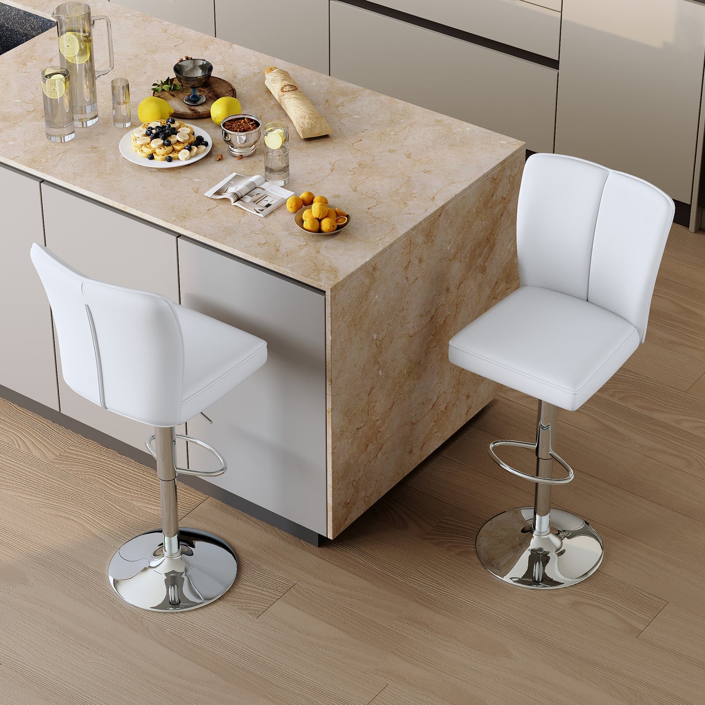 PU Leather Bar Stools Set of 2 – Modern Swivel Bar Chairs with Vertical Backrest & Silver Trumpet Base